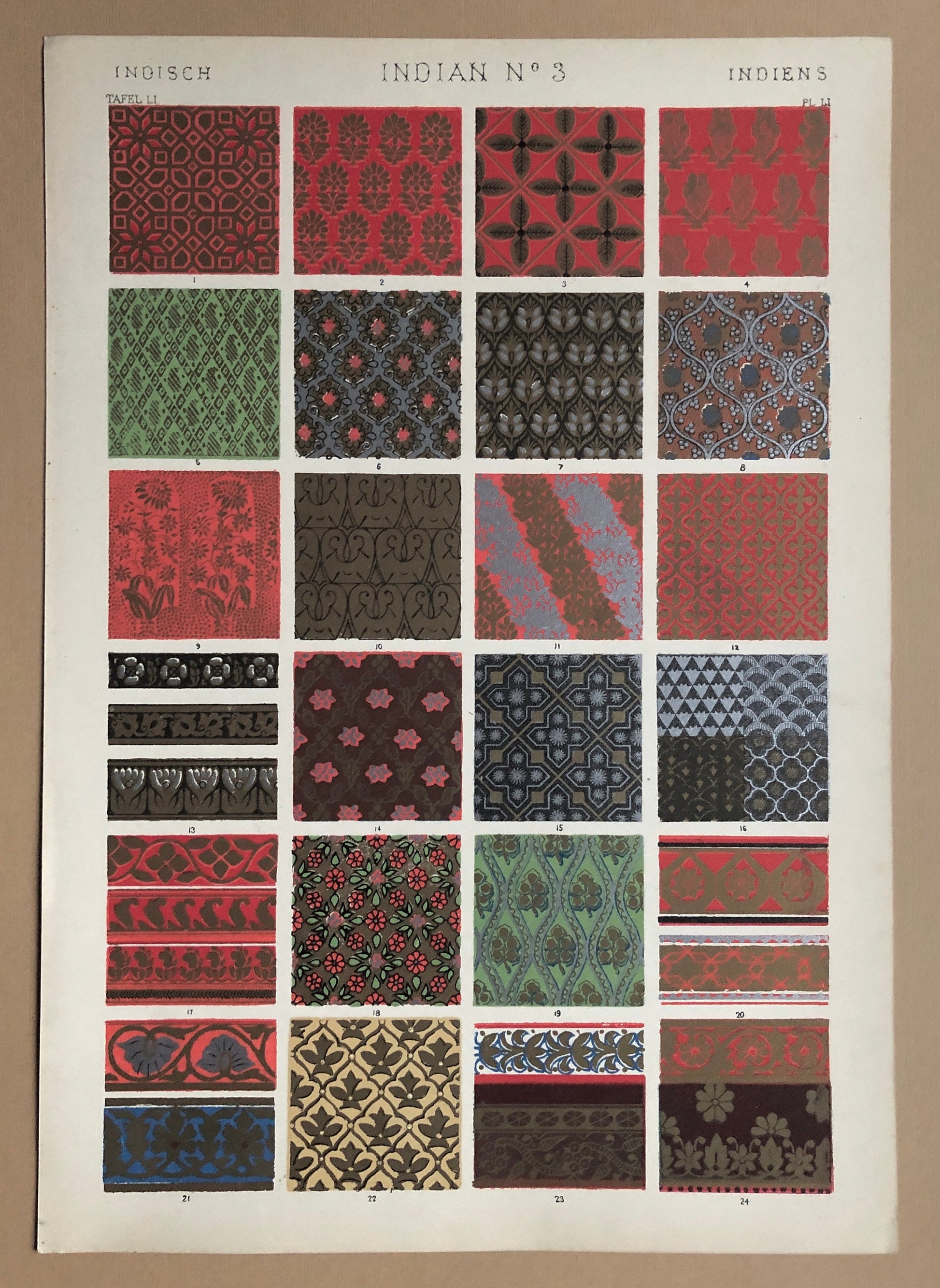 Indian Ornament. No. 2, 3, 4, 5, 5*, 6, 6*, 7. Eight Original Plates From The Grammar of Ornament by Owen Jones (1809-68). 33 x 23 cms.