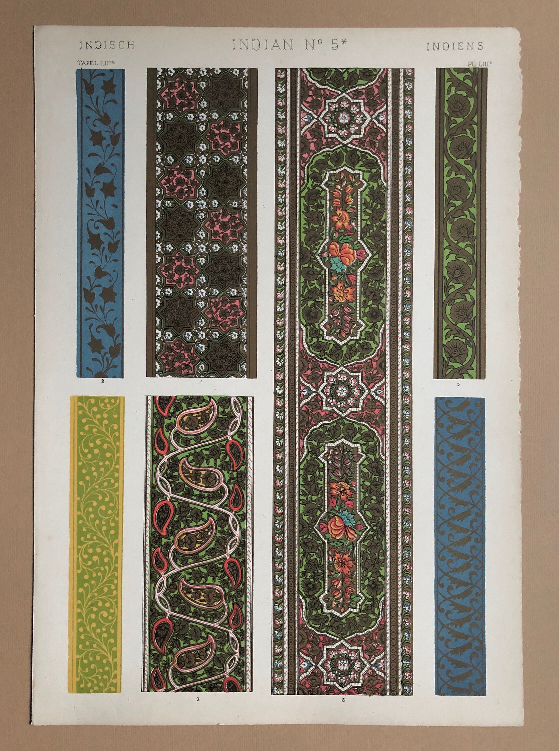 Indian Ornament. No. 2, 3, 4, 5, 5*, 6, 6*, 7. Eight Original Plates From The Grammar of Ornament by Owen Jones (1809-68). 33 x 23 cms.