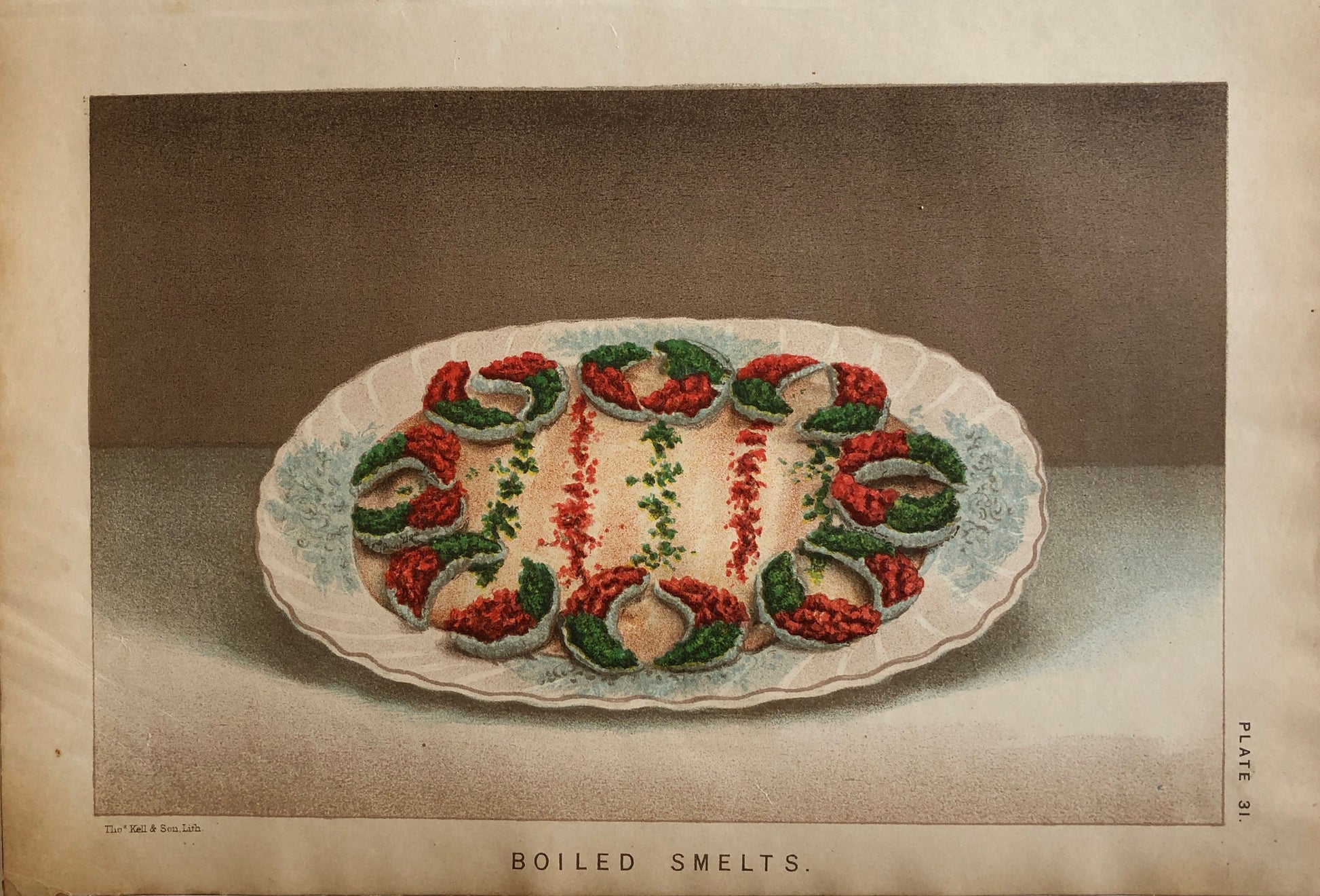 Four Plates of food From a Victorian Cookbook. Engaved by Thomas Kell in the 1880’s. Size: 17.5 x 25 cms.