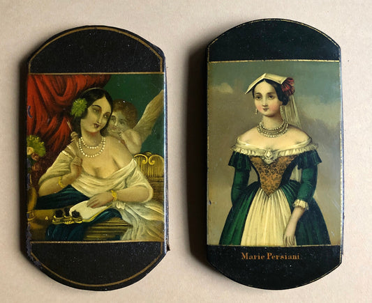 Two french Cigar Cases Featuring handpainted Portraits of Opera Singer Marie Persiani. 1800’s. Size: 14 x 7 cms. Very Good Condition.