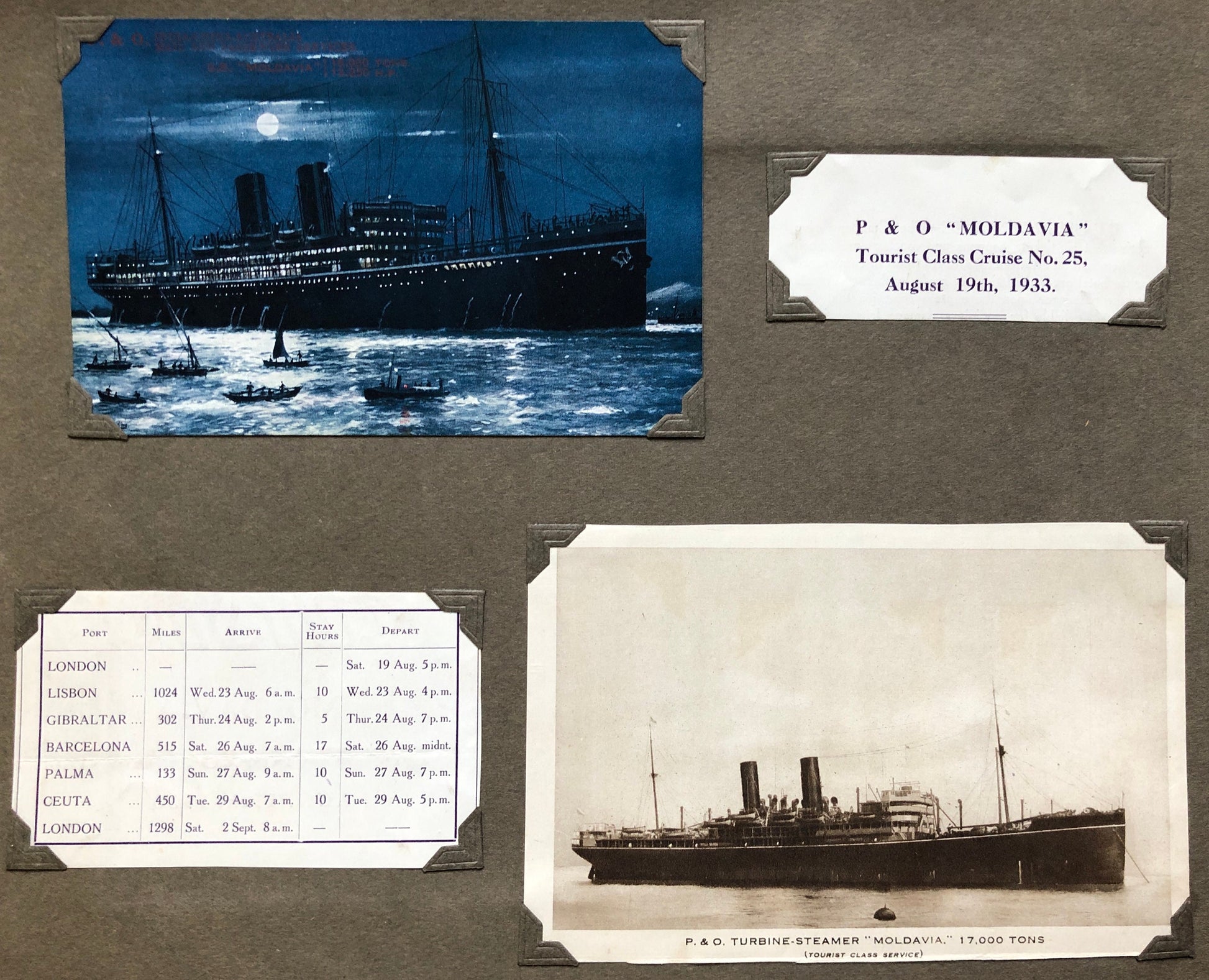 An Souvenir Album of Photographs and Memorabilia from a P & O Cruise Around The Mediterranean on The S.S. Moldovia. Dated August 1933.