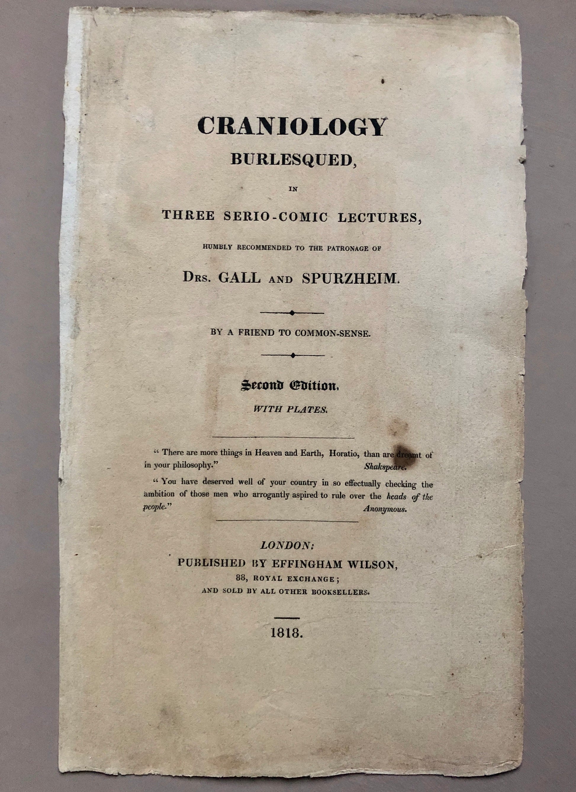 Two Engravings From Craniology Burlesqued in Serio-comic Lectures. Published by Effingham Wilson in 1818. Size: 22.5 x 13 cms.