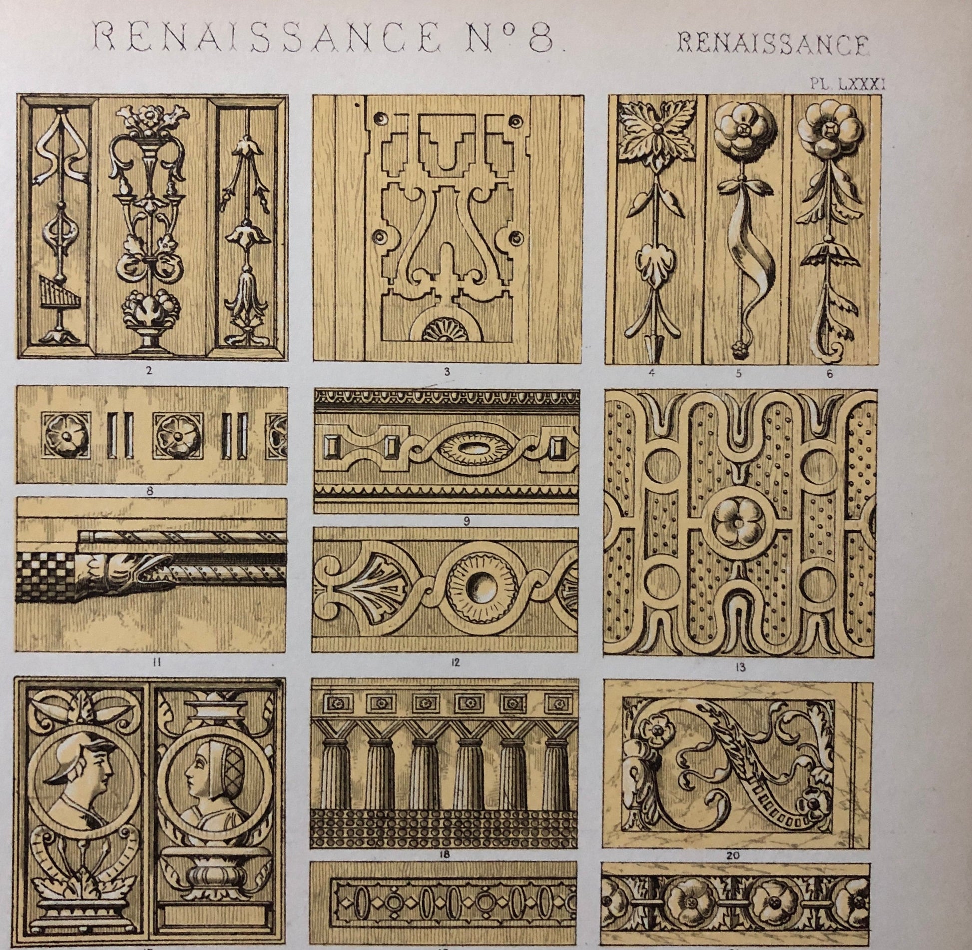 Renaissance Ornament. Nos. 1, 2, 3, 8 and 9. Five antique Plates From The Grammar of Ornament by Owen Jones (1809-68). 33 x 23 cms.