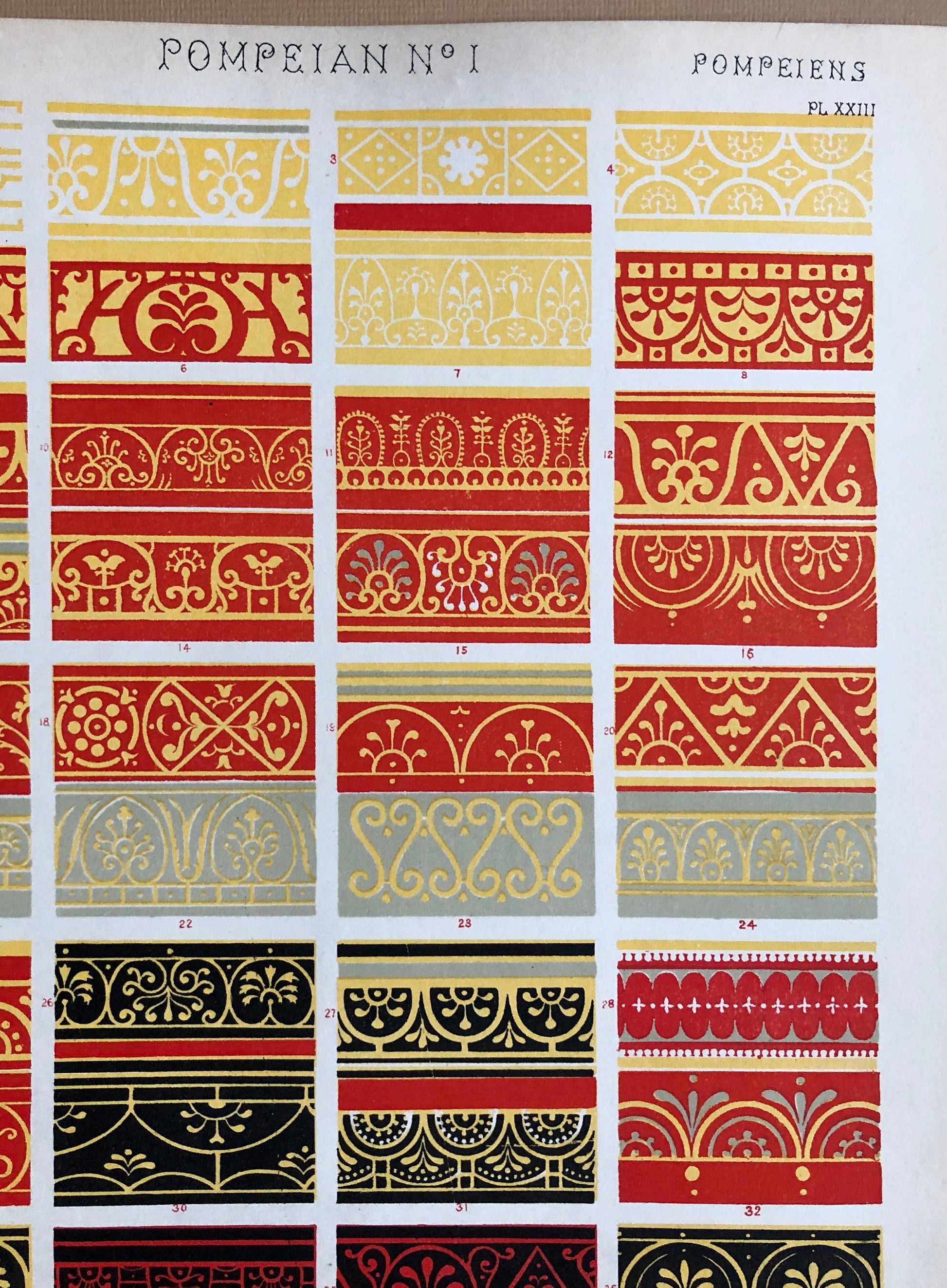 Pompeian Ornament. Nos. 1 and 2. Two antique Plates From The Grammar of Ornament by Owen Jones (1809-68). 33 x 23 cms.
