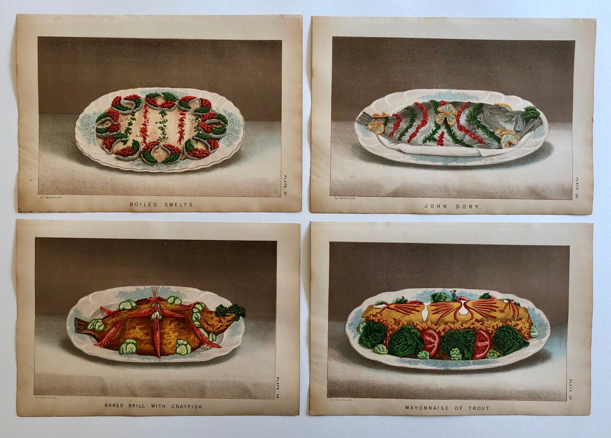 Four Plates of food From a Victorian Cookbook. Engaved by Thomas Kell in the 1880’s. Size: 17.5 x 25 cms.