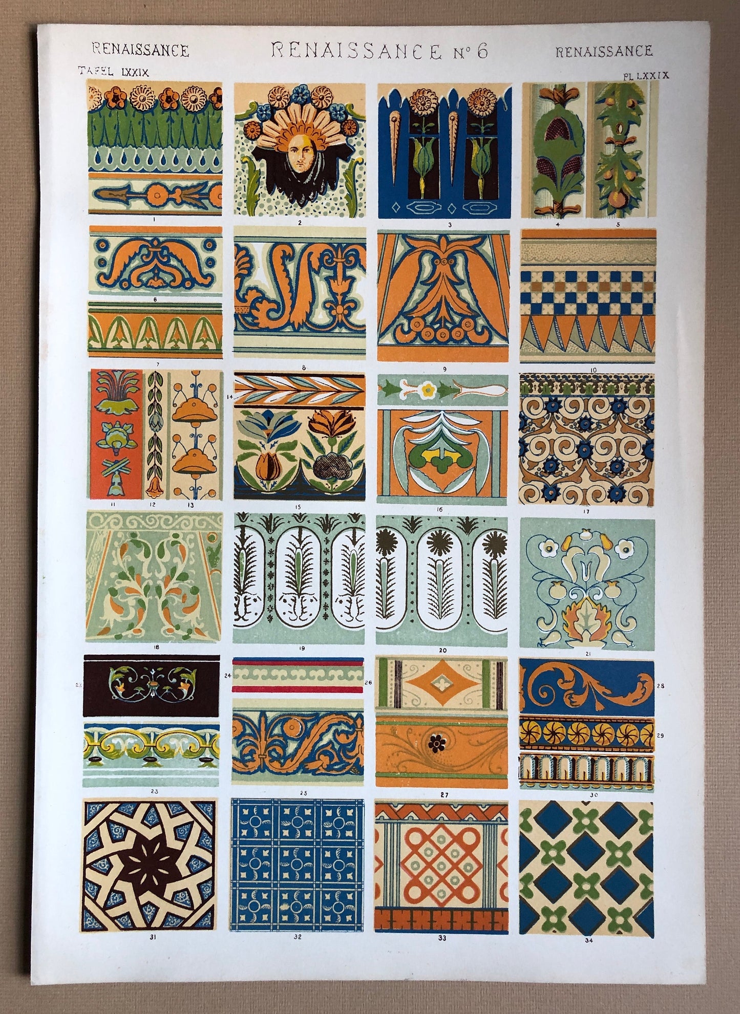 Renaissance Ornament. Nos. 4, 5, 6 and 7. Four antique Plates From The Grammar of Ornament by Owen Jones (1809-68). 33 x 23 cms.