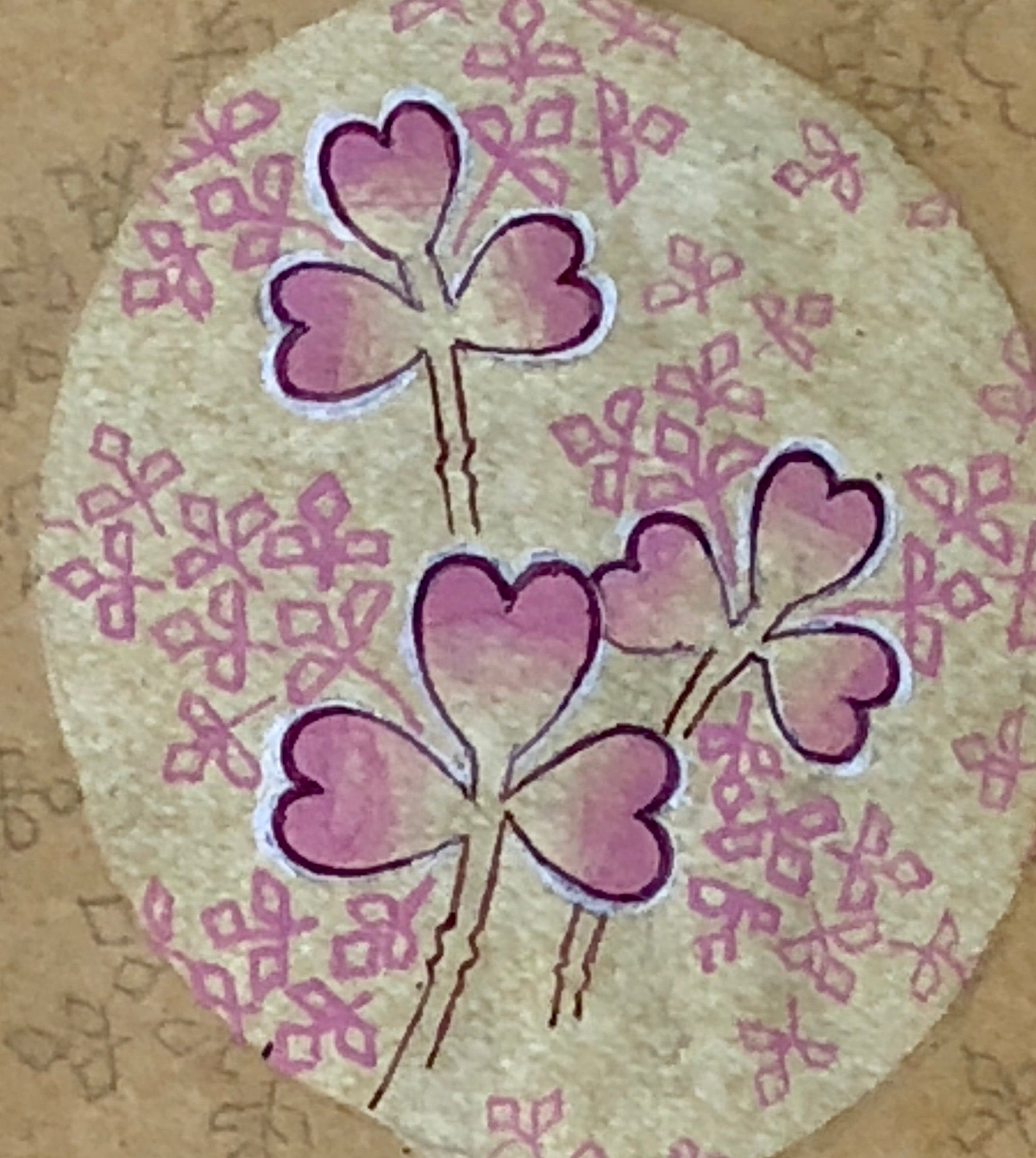 An Original Hand Painted Antique French Textile Design. Pink and purple leaves. Produced in Lyon in 1904. Size: 9 x 7.3 cms.