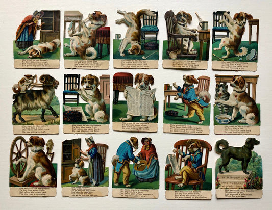 Old Mother Hubbard. A Set of 16 authentic Victorian Scraps. Late 1800’s. Size of each piece: 7.3 x 5.5 cms