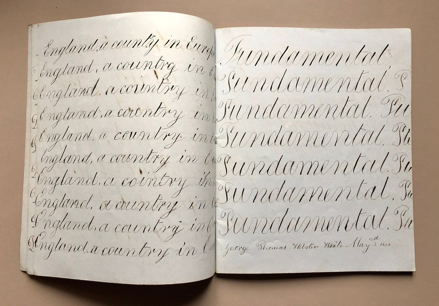 Calligraphy. An Exercise Book in Which Master George Thomas Webster White Practices Penmanship. Dated 1853. 48 pages. Size: 22.7 x 18.3