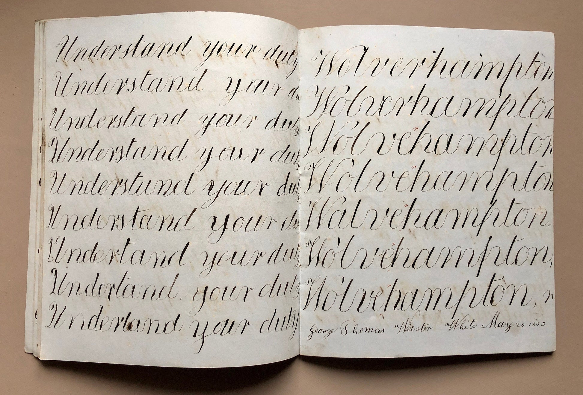 Calligraphy. An Exercise Book in Which Master George Thomas Webster White Practices Penmanship. Dated 1853. 48 pages. Size: 22.7 x 18.3