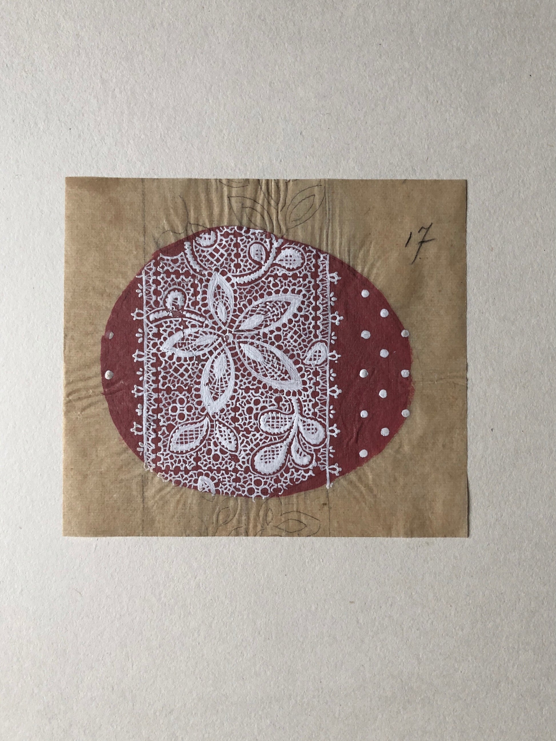 An Original Antique French Textile Design Featuring a Lace Pattern Over Pink. Hand Painted. Produced in Lyon in 1907. Size: 8.5 x 9.8 cms.