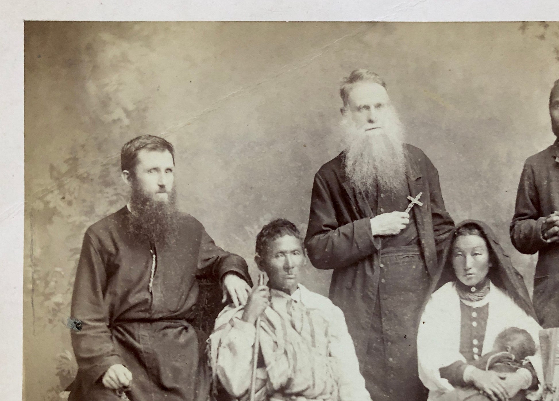 Missionaries - Pere Henri Depelchin - and Tribal People. Photographed by Johnston & Hoffman, India. Late 19th Century. Size: 21 x 17.5 cms.