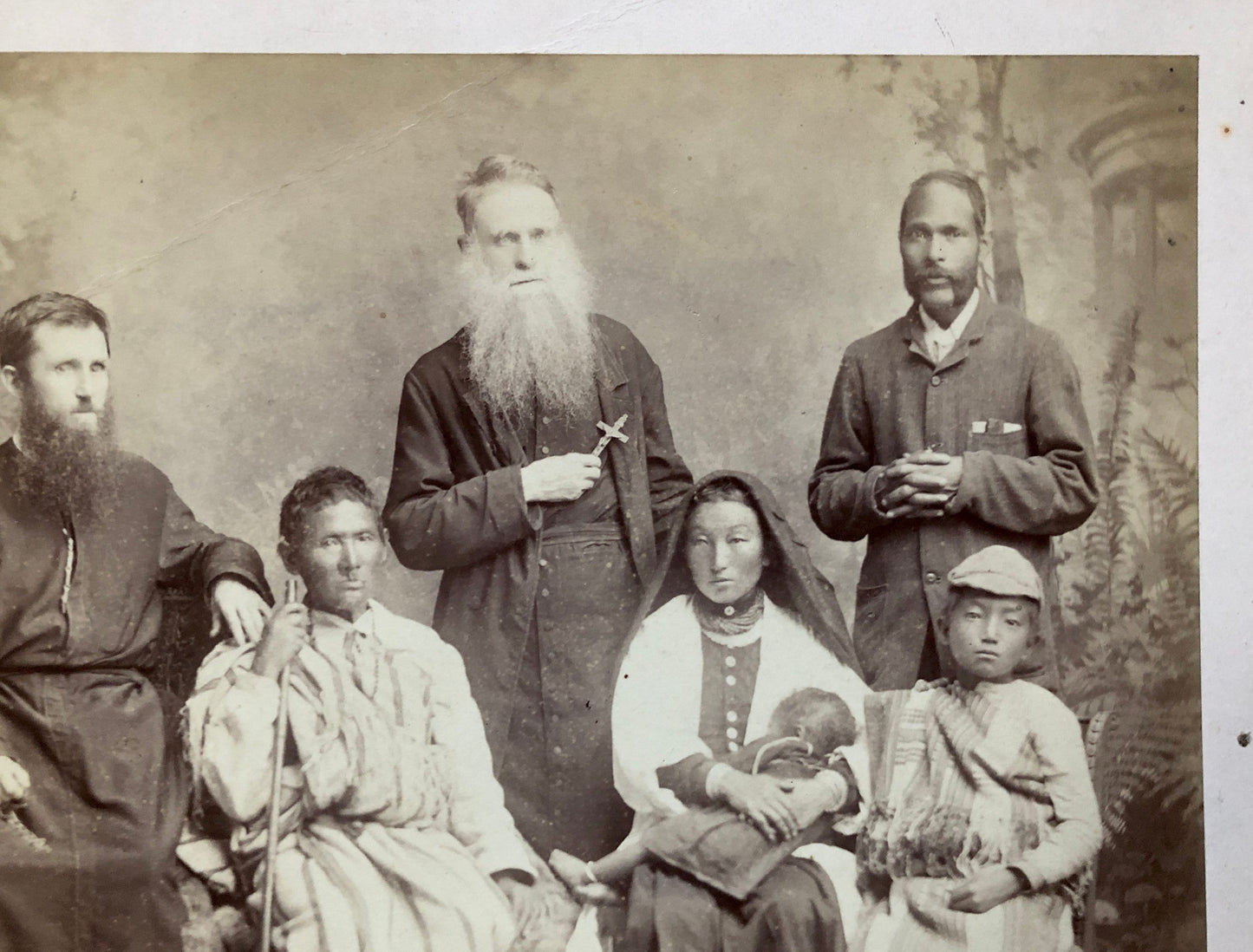 Missionaries - Pere Henri Depelchin - and Tribal People. Photographed by Johnston & Hoffman, India. Late 19th Century. Size: 21 x 17.5 cms.