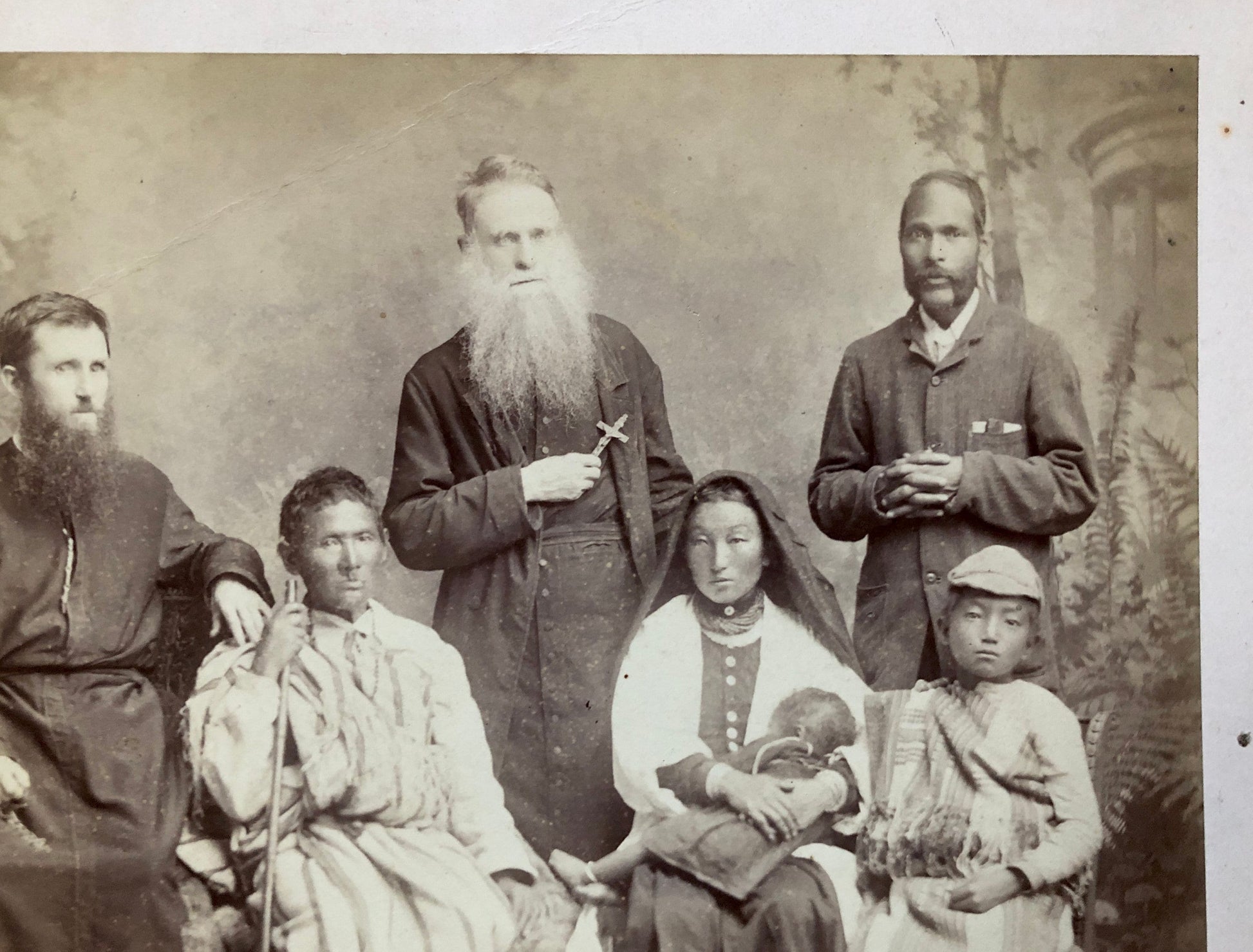 Missionaries - Pere Henri Depelchin - and Tribal People. Photographed by Johnston & Hoffman, India. Late 19th Century. Size: 21 x 17.5 cms.