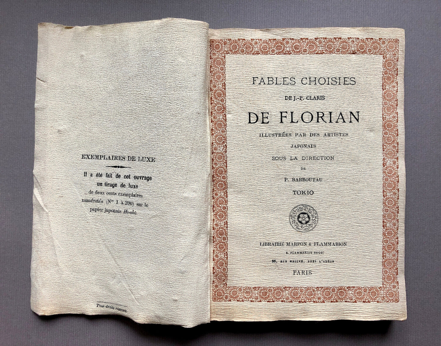 Fables By Florian. 2 Japanese Crepe Paper Books with Illustations by Various Artists. French Language. Published in 1895. Size: 20x 15cms.