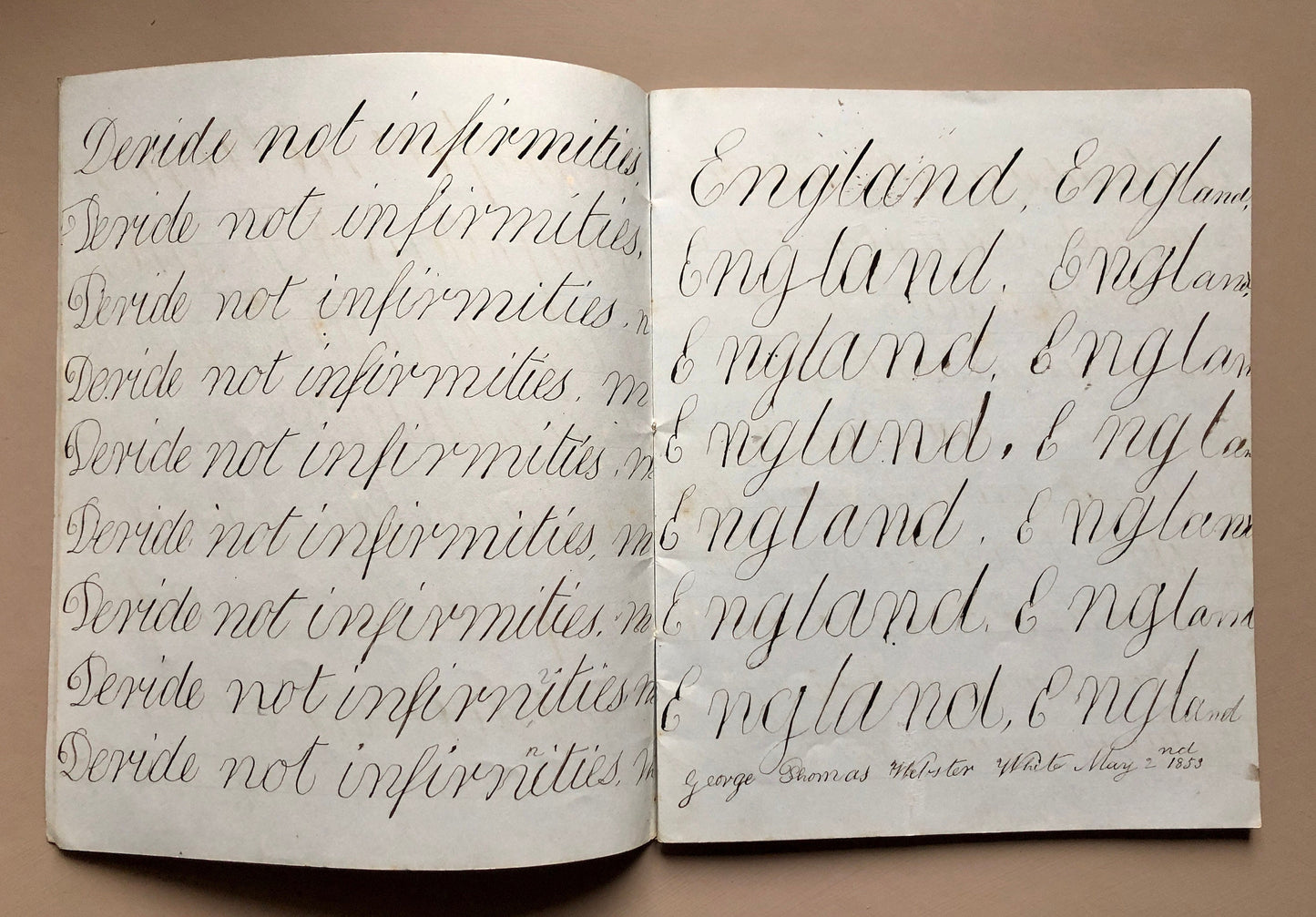 Calligraphy. An Exercise Book in Which Master George Thomas Webster White Practices Penmanship. Dated 1853. 48 pages. Size: 22.7 x 18.3