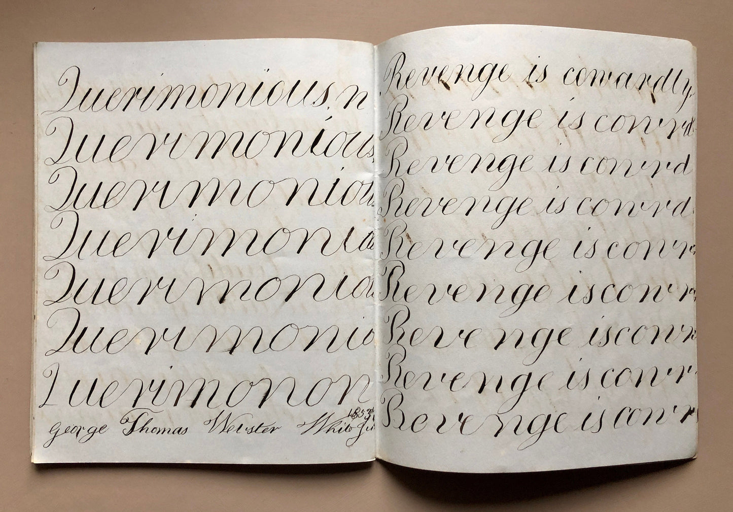 Calligraphy. An Exercise Book in Which Master George Thomas Webster White Practices Penmanship. Dated 1853. 48 pages. Size: 22.7 x 18.3