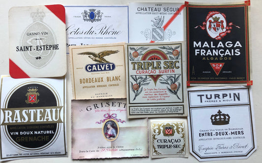 Ten Genuine Wine and Liqueur Labels Dating From 1950’s. French Origin.