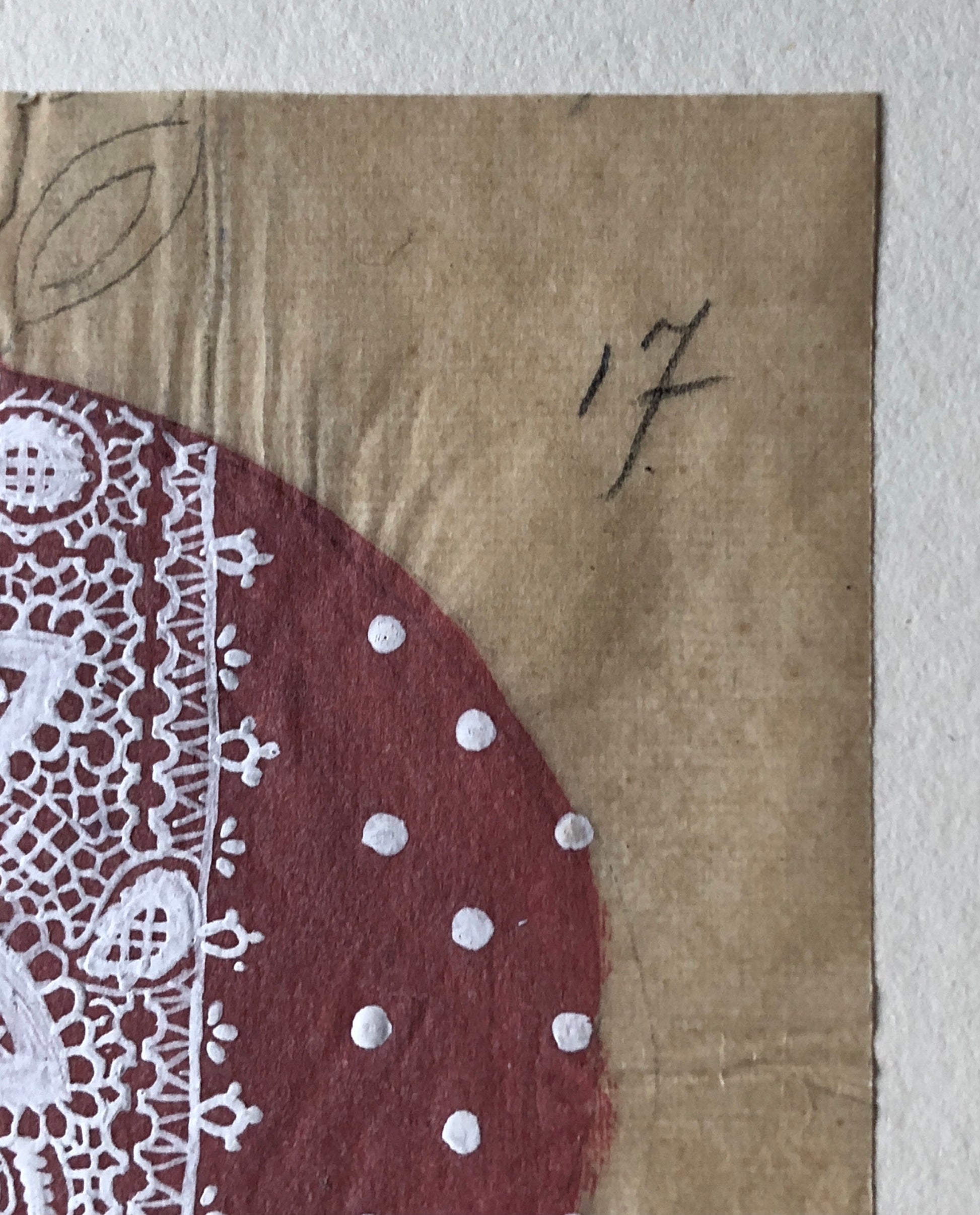 An Original Antique French Textile Design Featuring a Lace Pattern Over Pink. Hand Painted. Produced in Lyon in 1907. Size: 8.5 x 9.8 cms.