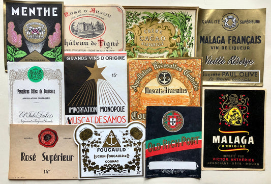 Ten Genuine Wine and Liqueur Labels Dating From 1950’s. French Origin.