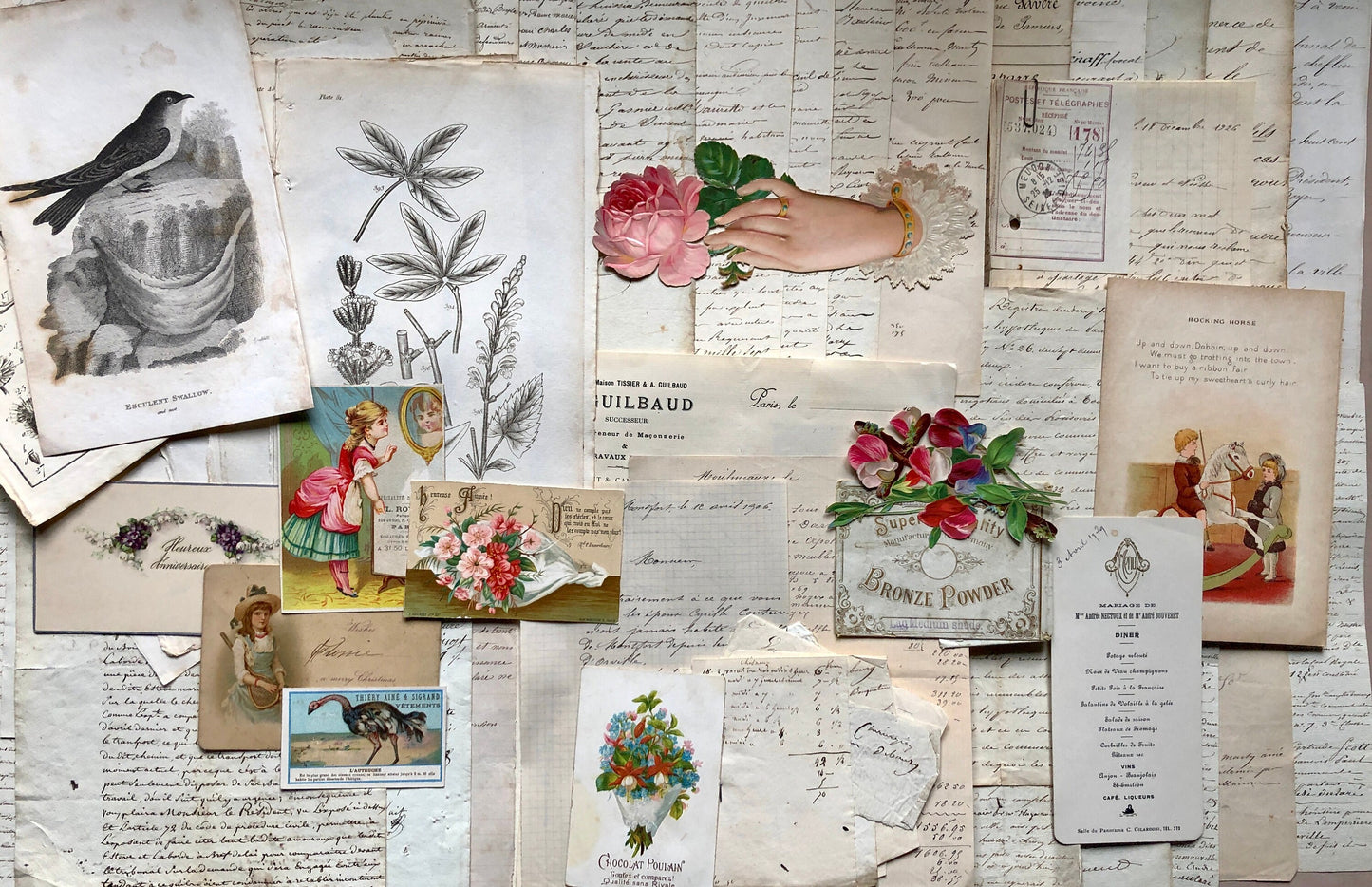A Generous Quantity of Antique French Papers, Cards and Engravings. 1800’s and 1900’s. For collage and decorative purposes.