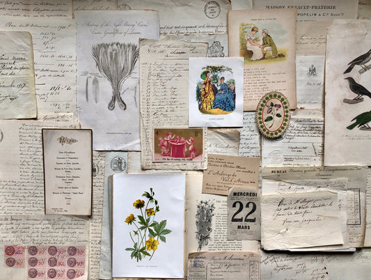 A Generous Quantity of Antique French Papers, Cards and Engravings. 1800’s and 1900’s. For collage and decorative purposes.