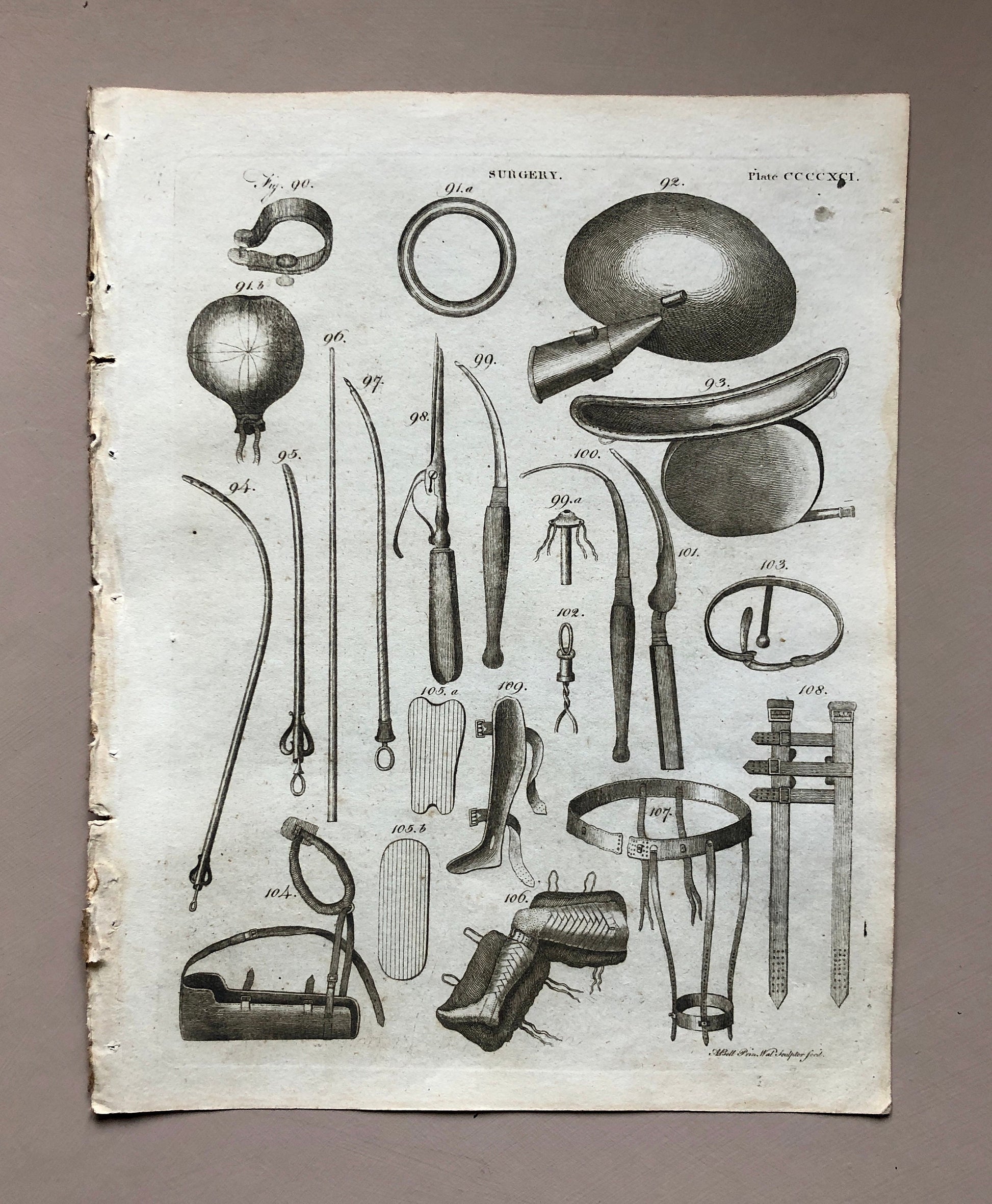 Surgery. 6 Original Engravings of Surgical Equiptment From The Encyclopedia Britannica, 1797. Engraved by A. Bell. Size: 26.5 x 20.5 cms