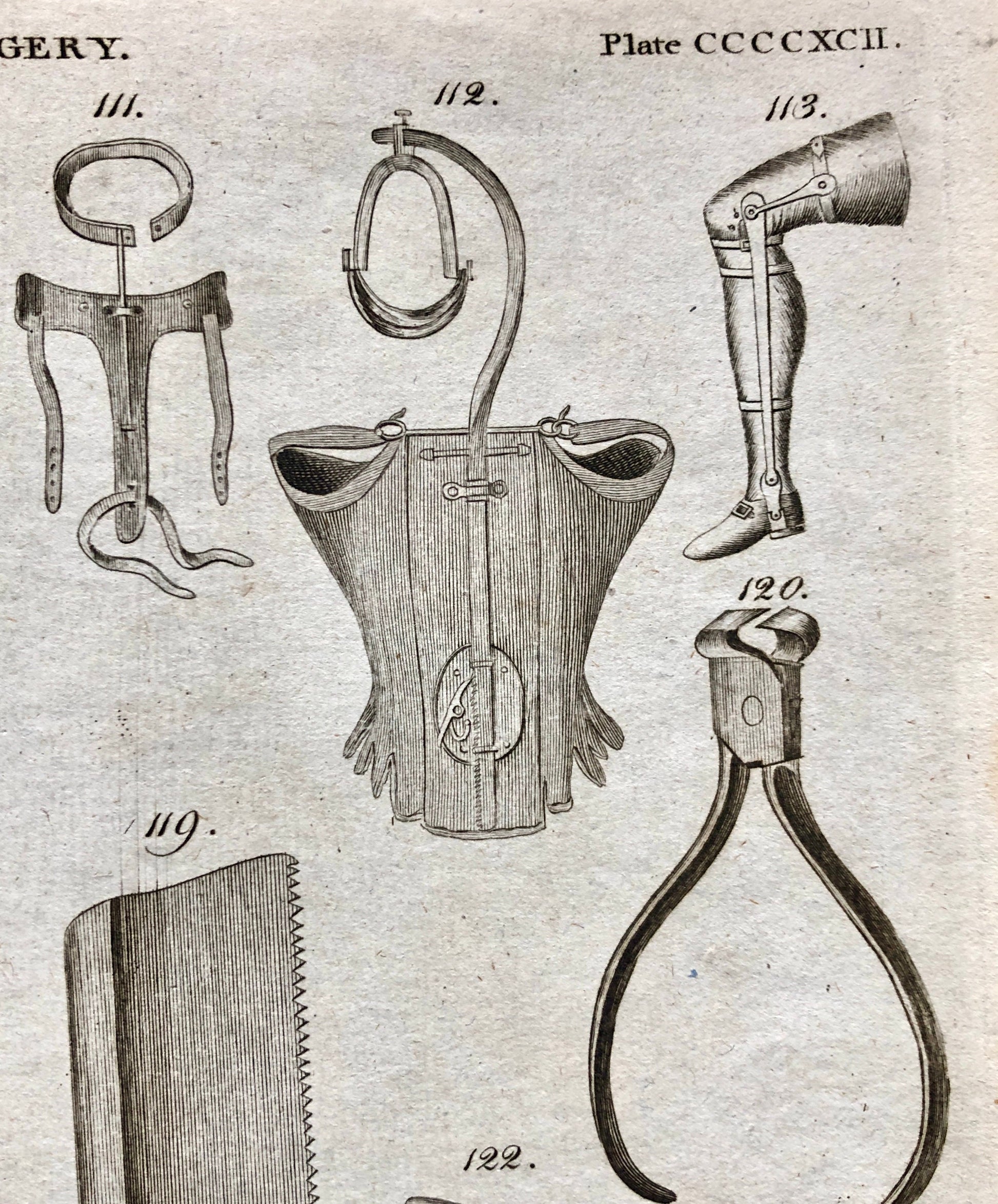 Surgery. 6 Original Engravings of Surgical Equiptment From The Encyclopedia Britannica, 1797. Engraved by A. Bell. Size: 26.5 x 20.5 cms