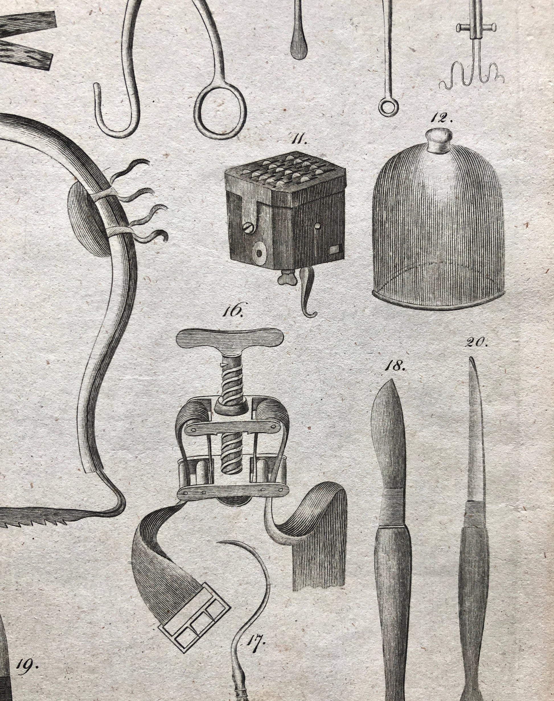 Surgery. 6 Original Engravings of Surgical Equiptment From The Encyclopedia Britannica, 1797. Engraved by A. Bell. Size: 26.5 x 20.5 cms