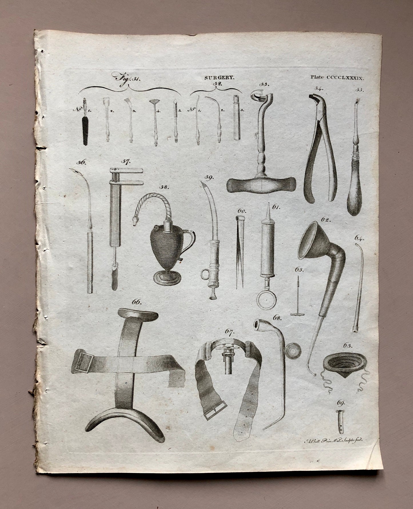 Surgery. 6 Original Engravings of Surgical Equiptment From The Encyclopedia Britannica, 1797. Engraved by A. Bell. Size: 26.5 x 20.5 cms