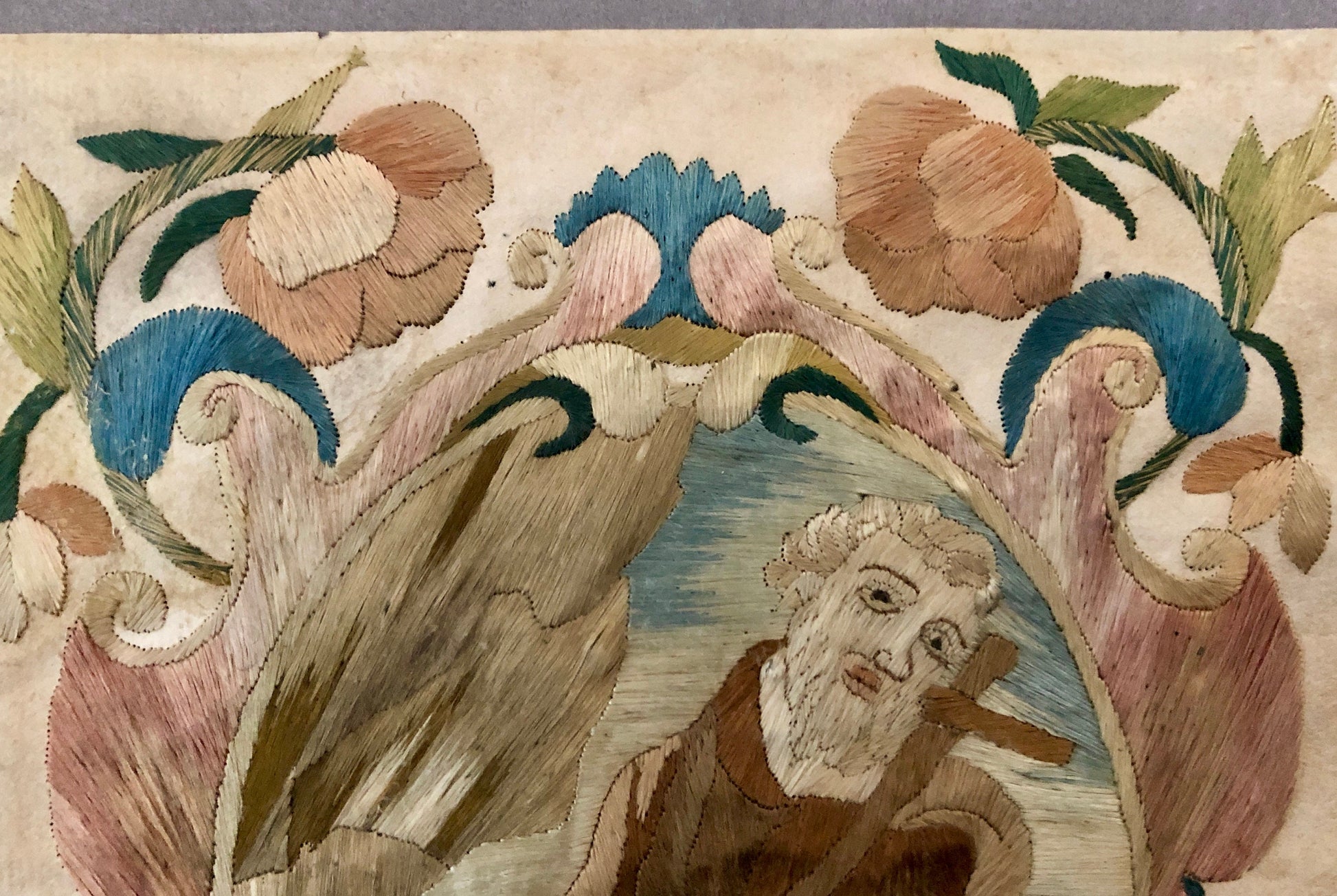 A Fine Silk Double Sided Embroidery of a Saint, Possibly St. Francis, With Skull and Stigmata. French 17th Century. 20 x 16 cms.