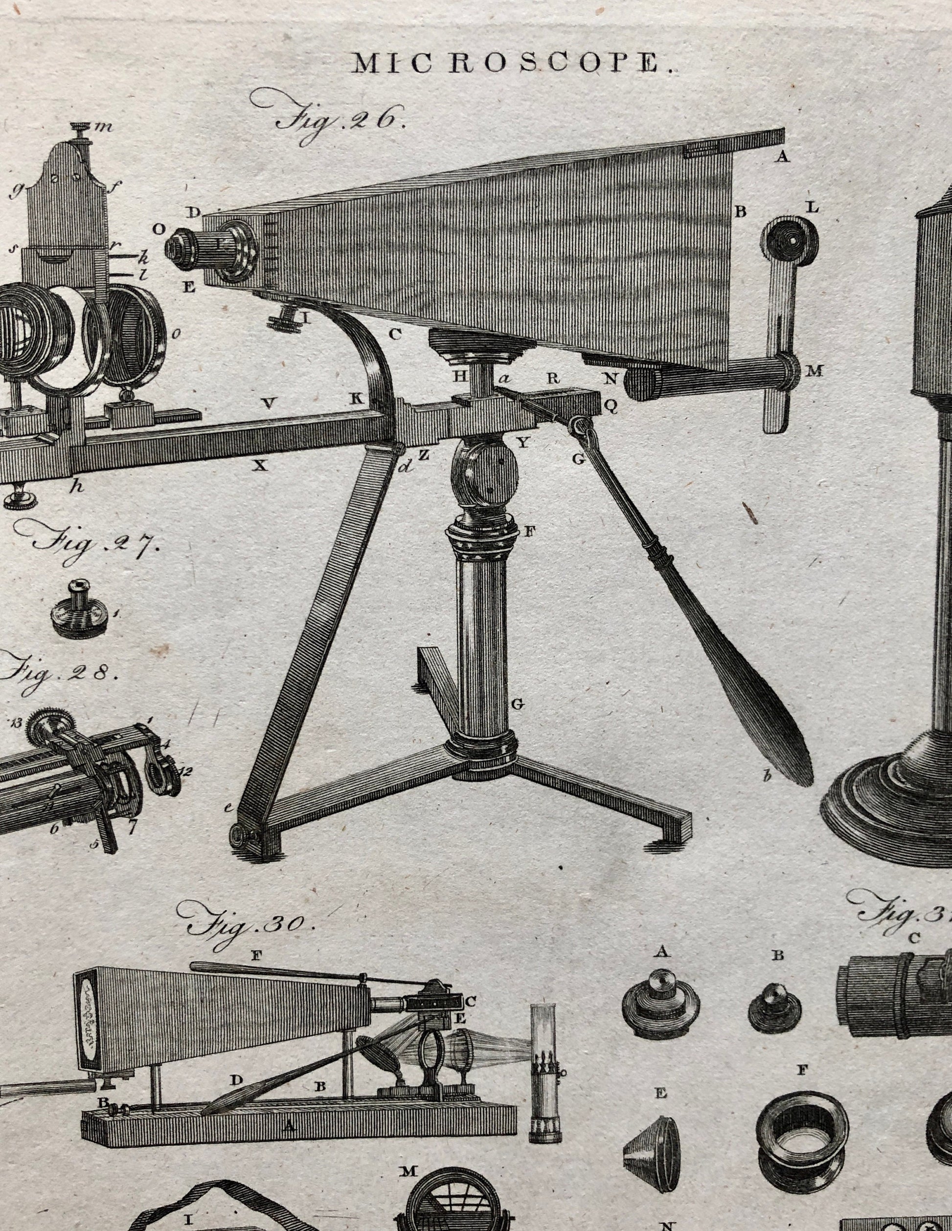 Microscopes. 6 Original Engravings. From The Encyclopedia Britannica. Engraved by A. Bell. Dated 1797. Size: 26.5 x 20.5 cms