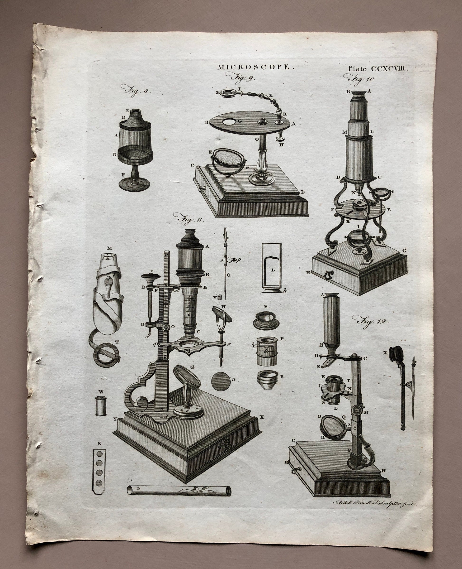 Microscopes. 6 Original Engravings. From The Encyclopedia Britannica. Engraved by A. Bell. Dated 1797. Size: 26.5 x 20.5 cms