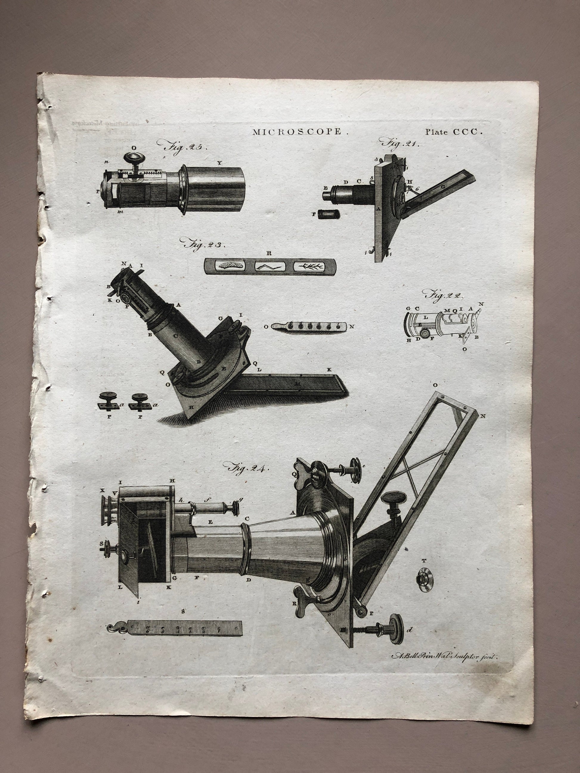 Microscopes. 6 Original Engravings. From The Encyclopedia Britannica. Engraved by A. Bell. Dated 1797. Size: 26.5 x 20.5 cms