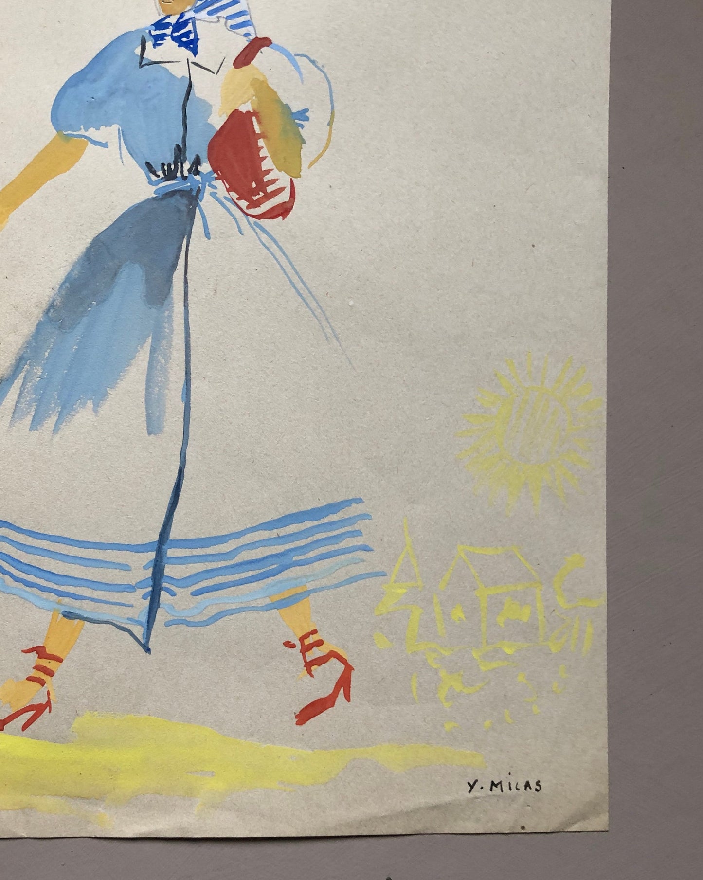 An Original Fashion Sketch, or Croquis, by Parisian Designer Yvette Micas. Hand Drawn and Painted. 1940s. Signed. Size: 26.5 x 20.5 cms.
