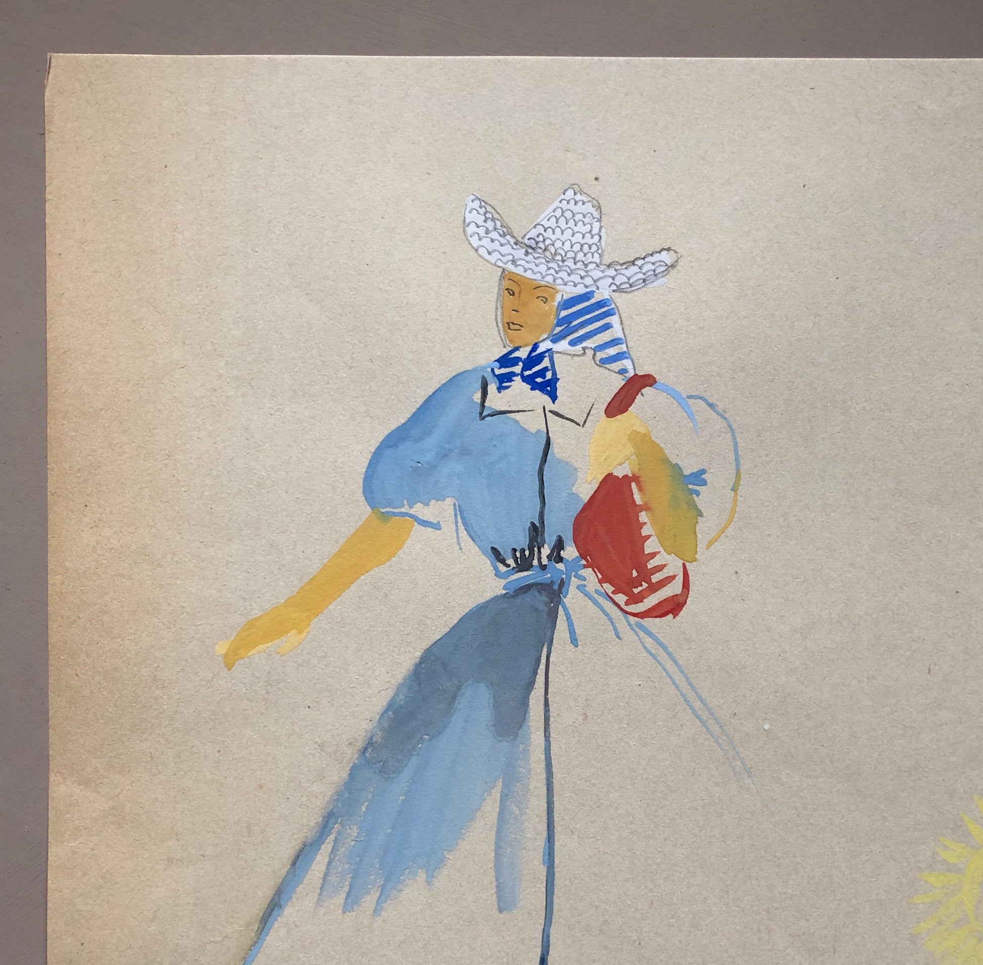 An Original Fashion Sketch, or Croquis, by Parisian Designer Yvette Micas. Hand Drawn and Painted. 1940s. Signed. Size: 26.5 x 20.5 cms.