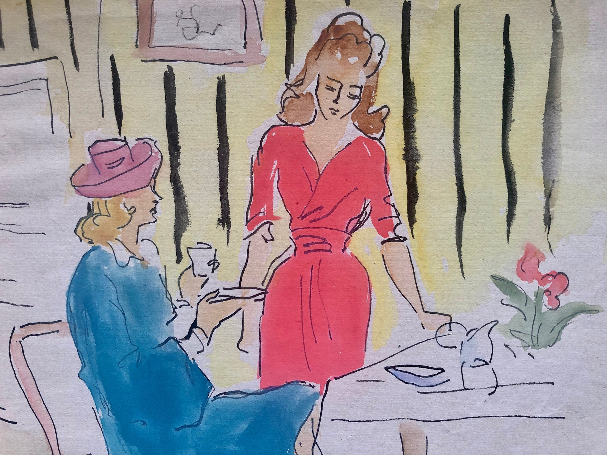 An Original Fashion Sketch, or Croquis, from Parisian Designer Yvette Micas. Hand Painted. 1940s. Signed. Size: 21 x 26.5 cms.