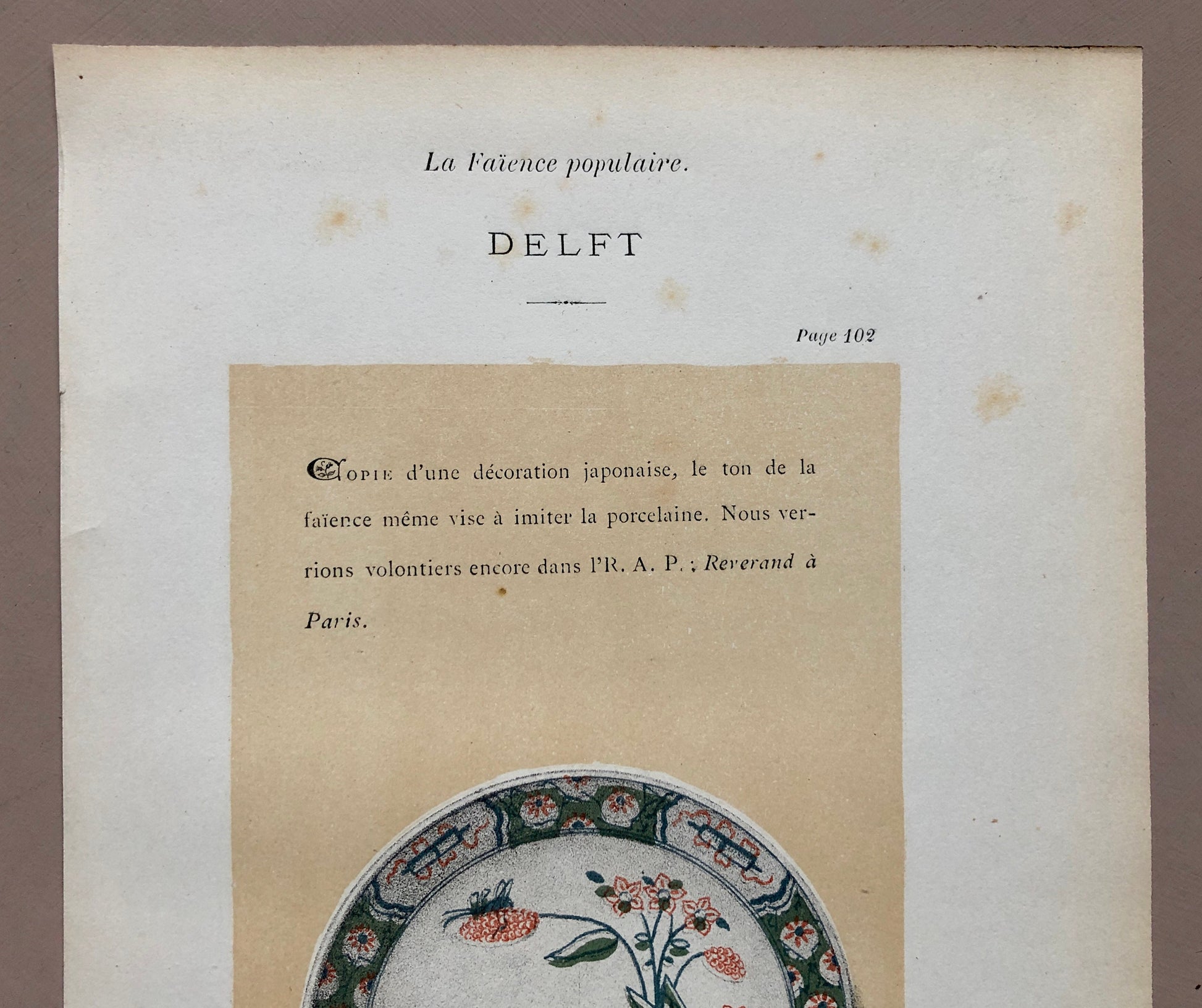 Delft Pottery. A Lithograph From La Faïence Populaire au XVIII Siecle by Mareschal. Dated 1872. Size: 26.7 x 17.2 cms.