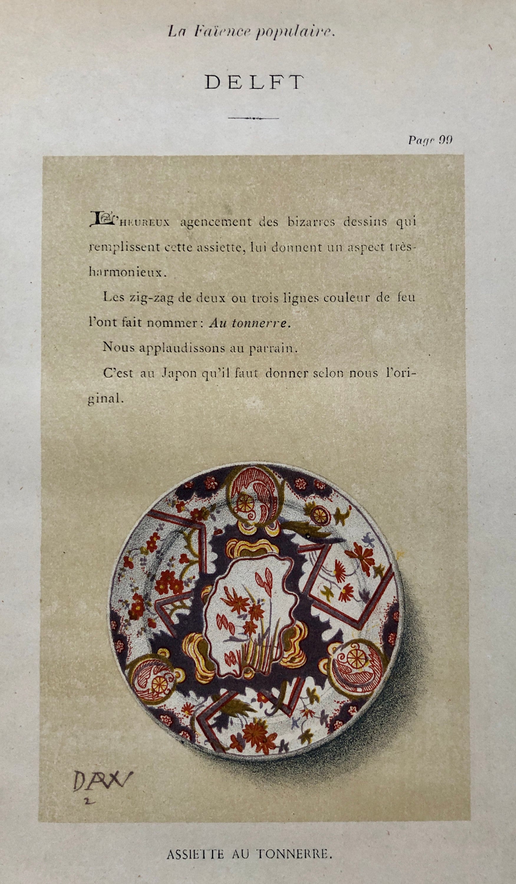 Delft Pottery. A Lithograph From La Faïence Populaire au XVIII Siecle by Mareschal. Dated 1872. Size: 26.7 x 17.2 cms.