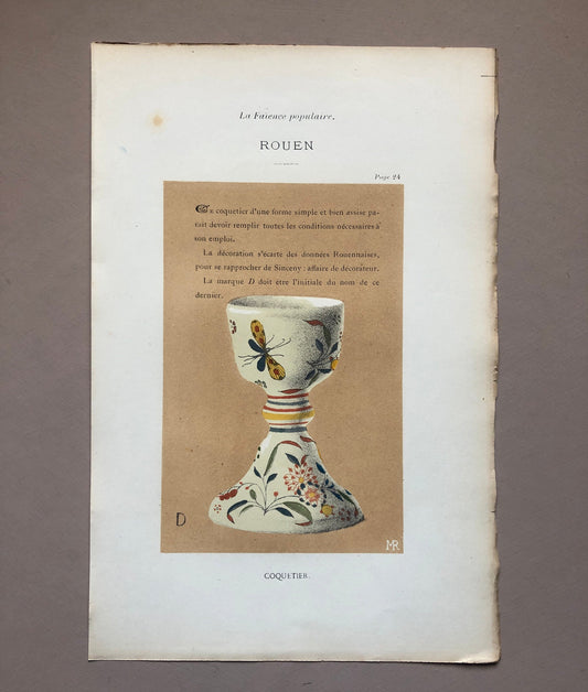 Faïence Rouen Pottery. An Original Lithograph From La Faïence Populaire au XVIII Siecle by Mareschal. Dated 1872. Size: 26.7 x 17.2 cms.