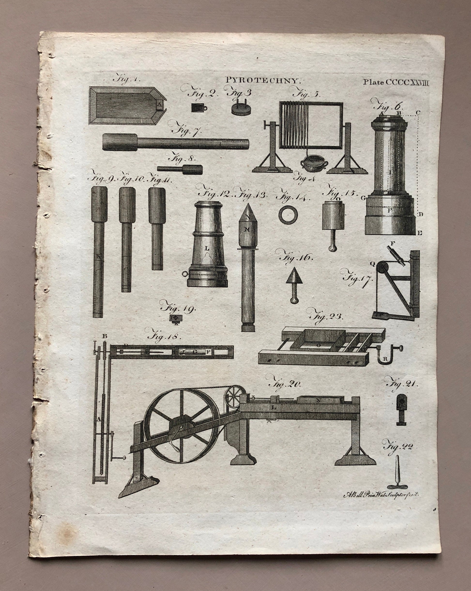 Pyrotechny. Five Original Engravings of Fireworks From The Encyclopedia Britannica. Engraved by A. Bell. Dated 1797. Size: 26.5 x 20.5 cms