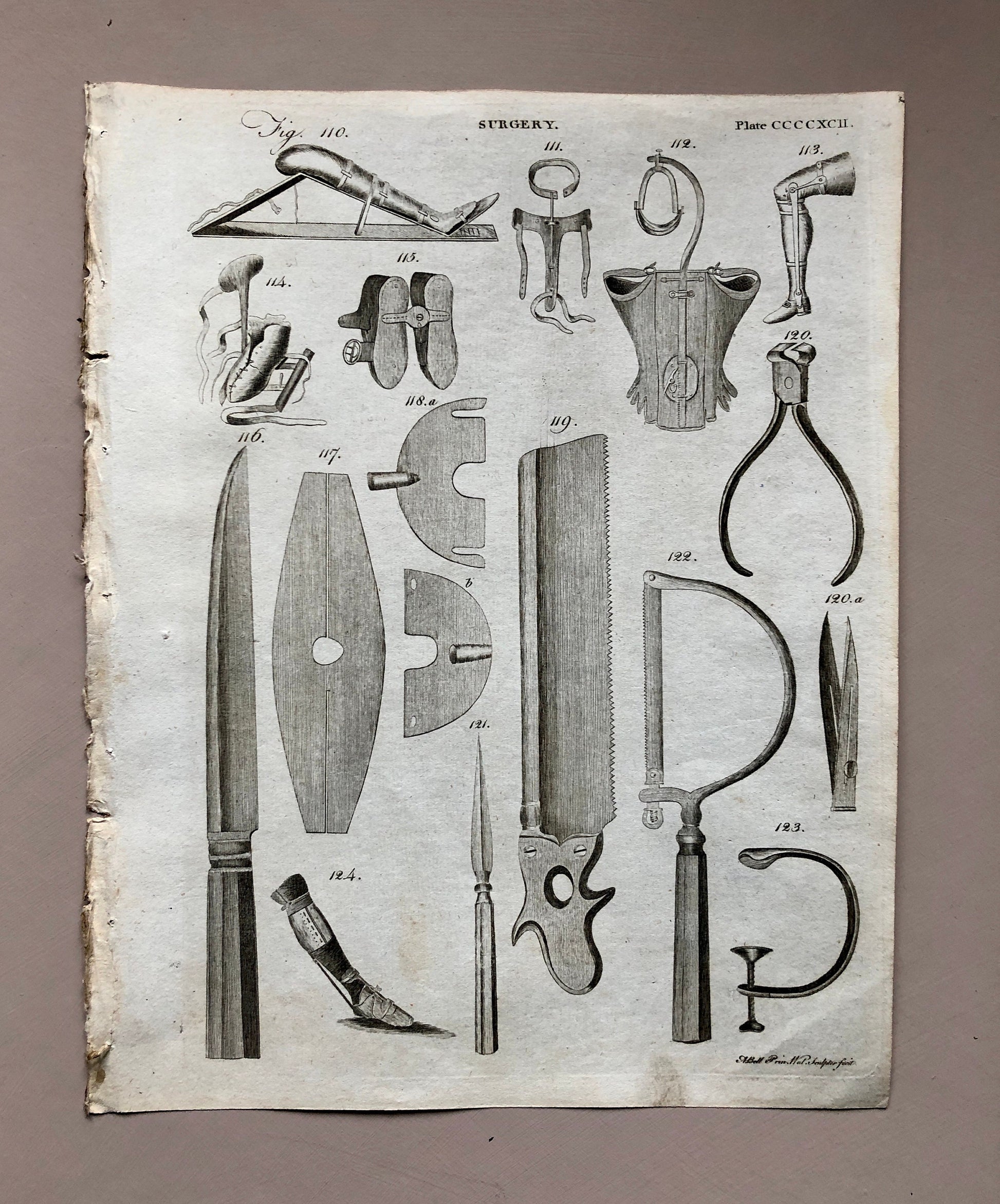 Surgery. 6 Original Engravings of Surgical Equiptment From The Encyclopedia Britannica, 1797. Engraved by A. Bell. Size: 26.5 x 20.5 cms
