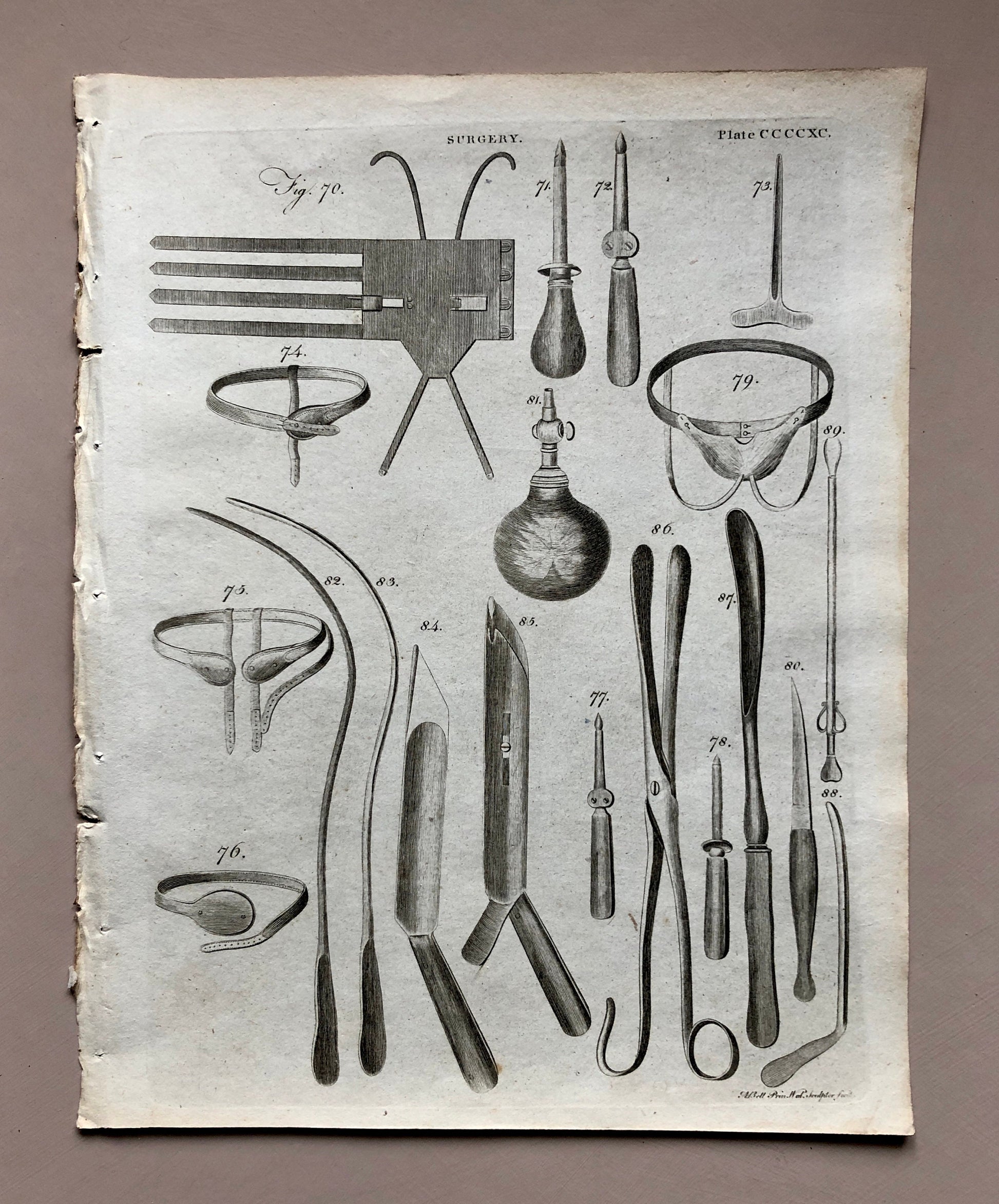 Surgery. 6 Original Engravings of Surgical Equiptment From The Encyclopedia Britannica, 1797. Engraved by A. Bell. Size: 26.5 x 20.5 cms