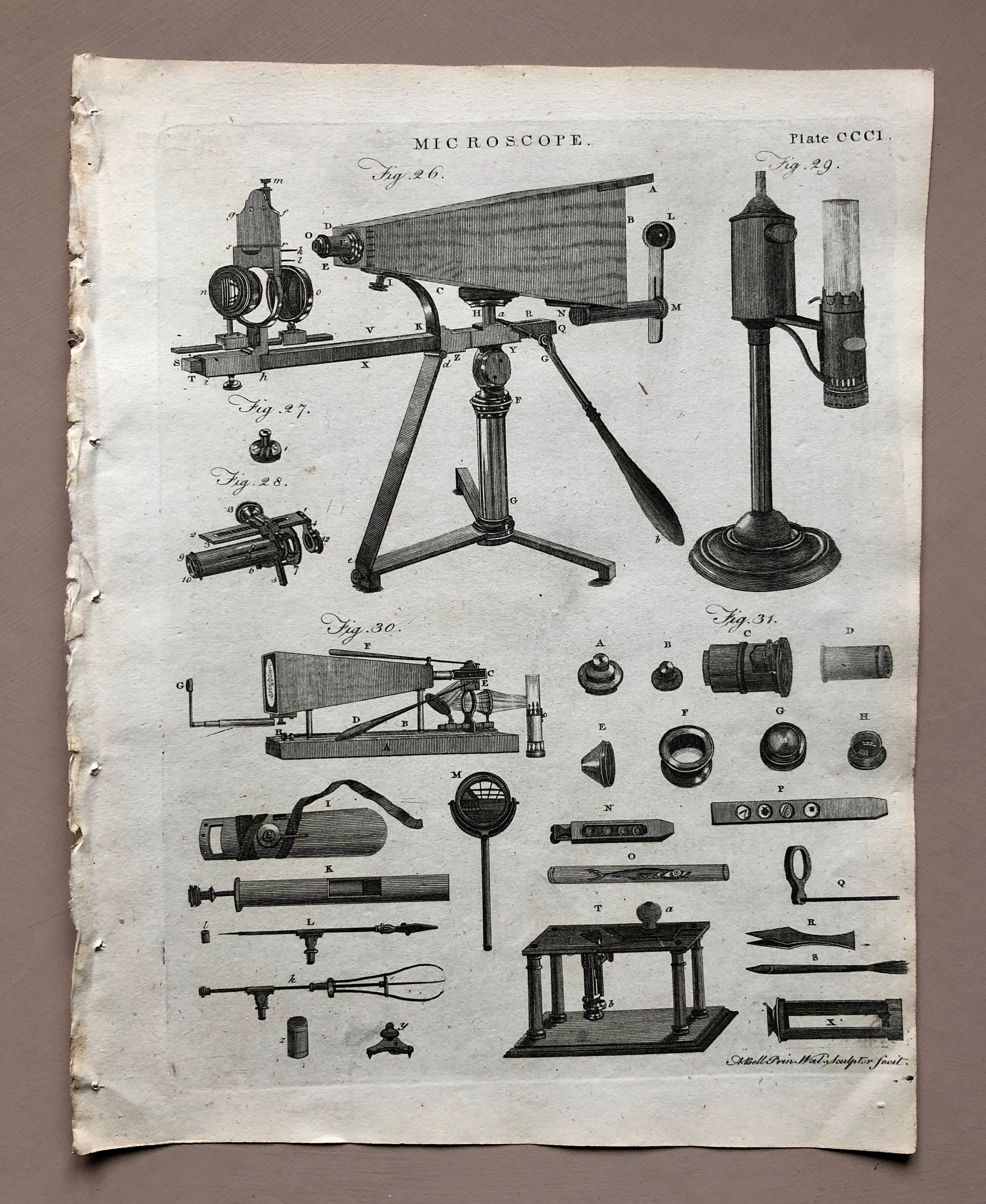 Microscopes. 6 Original Engravings. From The Encyclopedia Britannica. Engraved by A. Bell. Dated 1797. Size: 26.5 x 20.5 cms