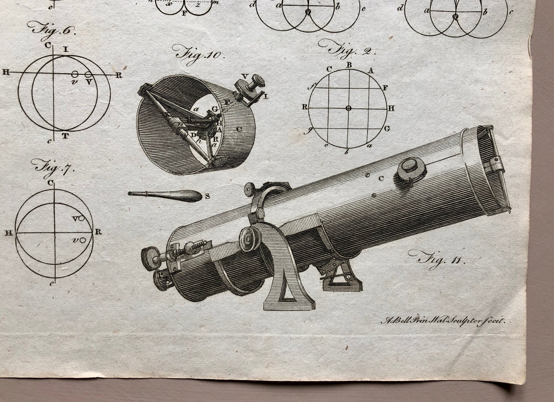 Microscopes. 6 Original Engravings. From The Encyclopedia Britannica. Engraved by A. Bell. Dated 1797. Size: 26.5 x 20.5 cms