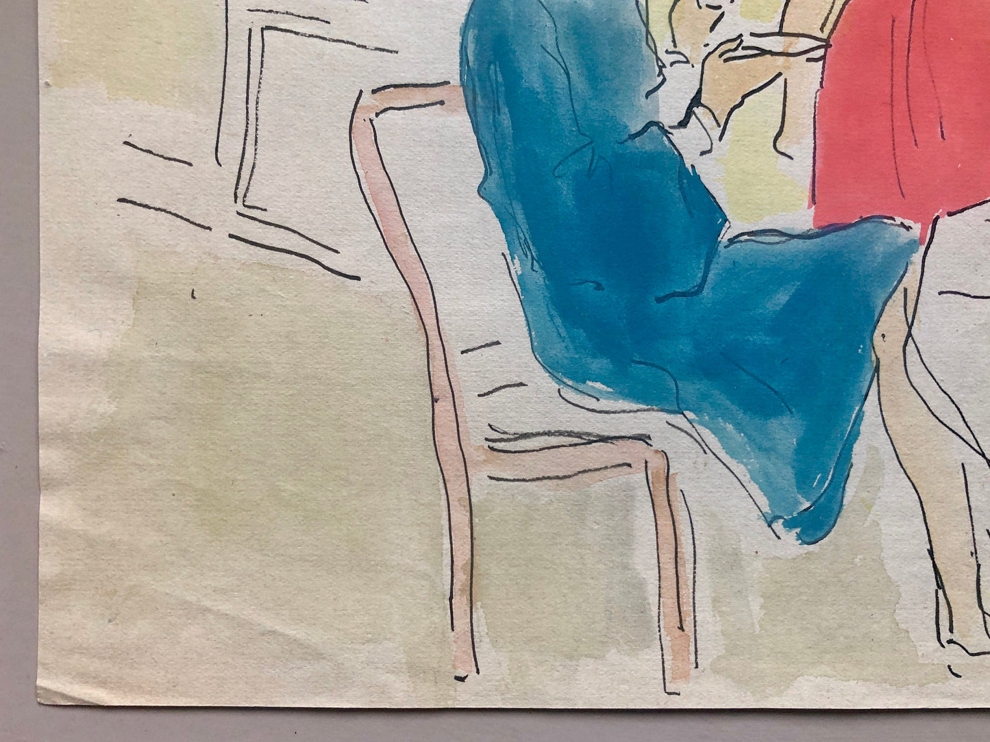 An Original Fashion Sketch, or Croquis, from Parisian Designer Yvette Micas. Hand Painted. 1940s. Signed. Size: 21 x 26.5 cms.