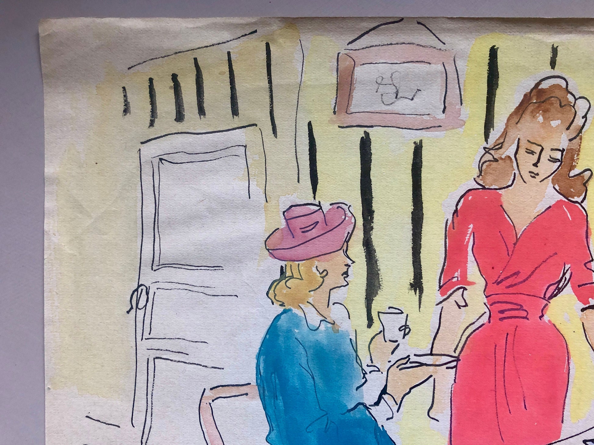 An Original Fashion Sketch, or Croquis, from Parisian Designer Yvette Micas. Hand Painted. 1940s. Signed. Size: 21 x 26.5 cms.