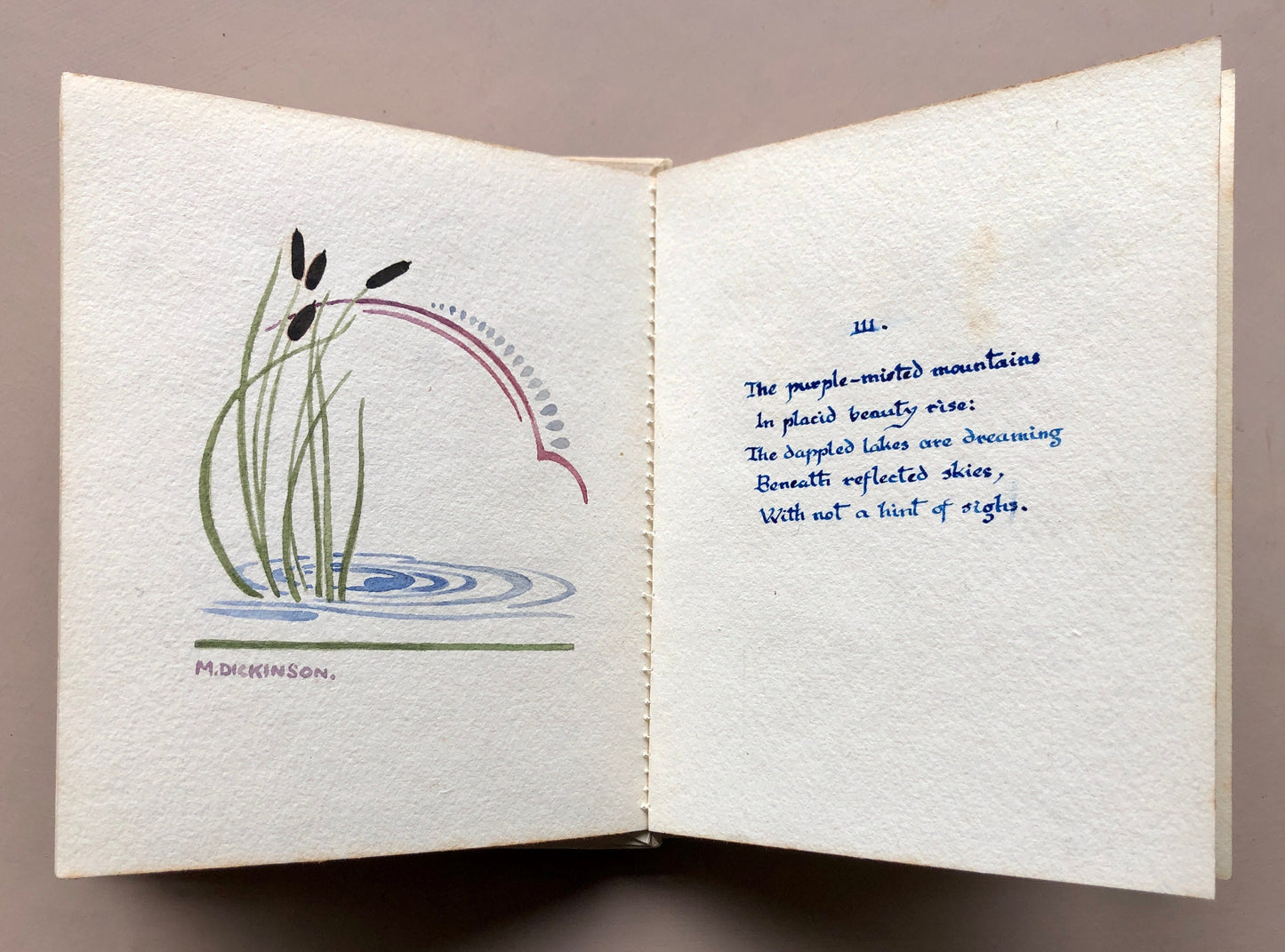 Summer in War-Time by Allan MacDonald Laing. A handmade book with poem amd watercolour illustrations by M. Dickinson. 15 x 12.5 cms.