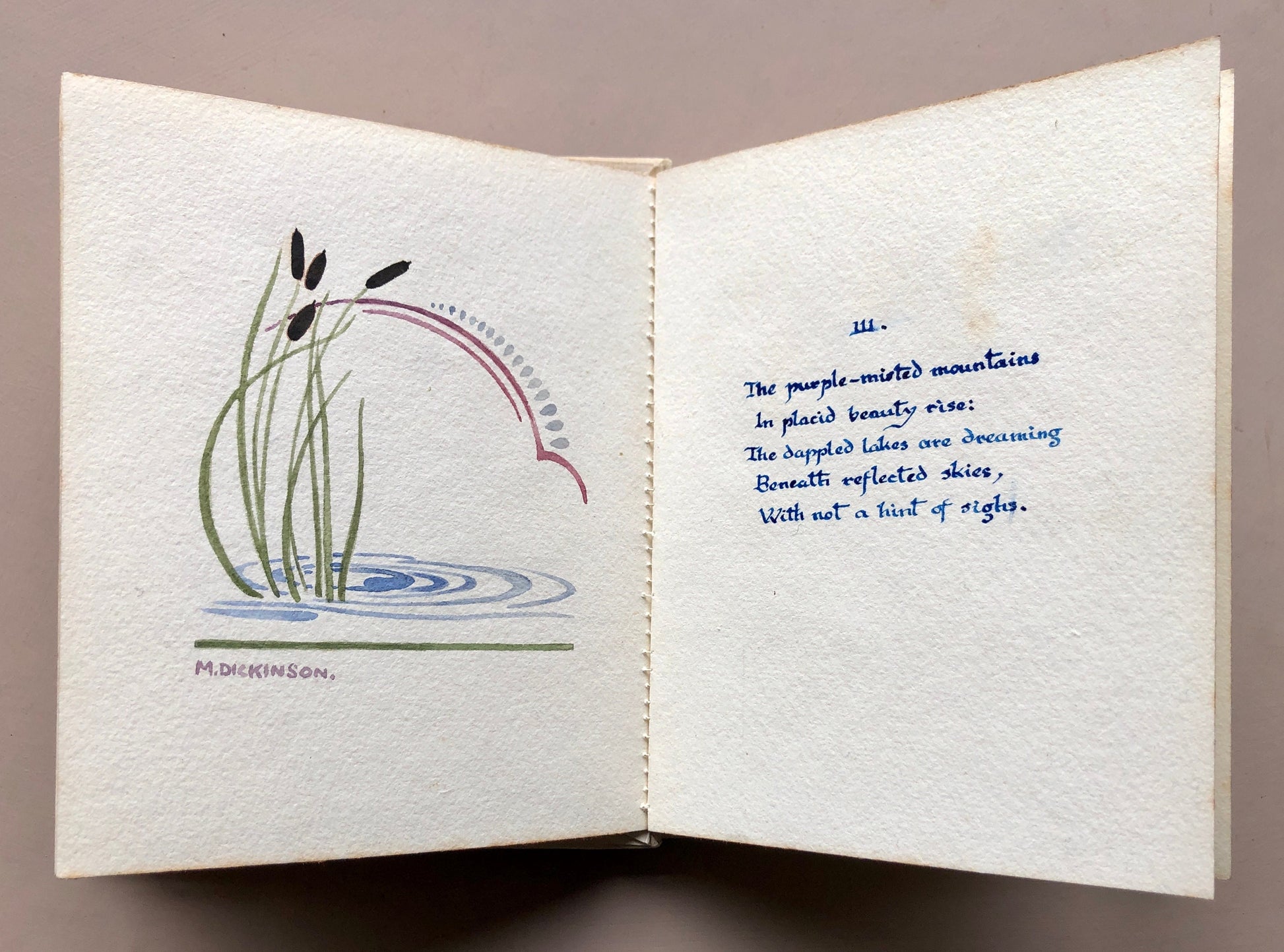 Summer in War-Time by Allan MacDonald Laing. A handmade book with poem amd watercolour illustrations by M. Dickinson. 15 x 12.5 cms.