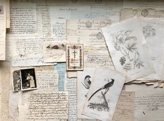 A Generous Quantity of Antique French Papers, Cards and Engravings. 1800’s and 1900’s. For collage and decorative purposes.